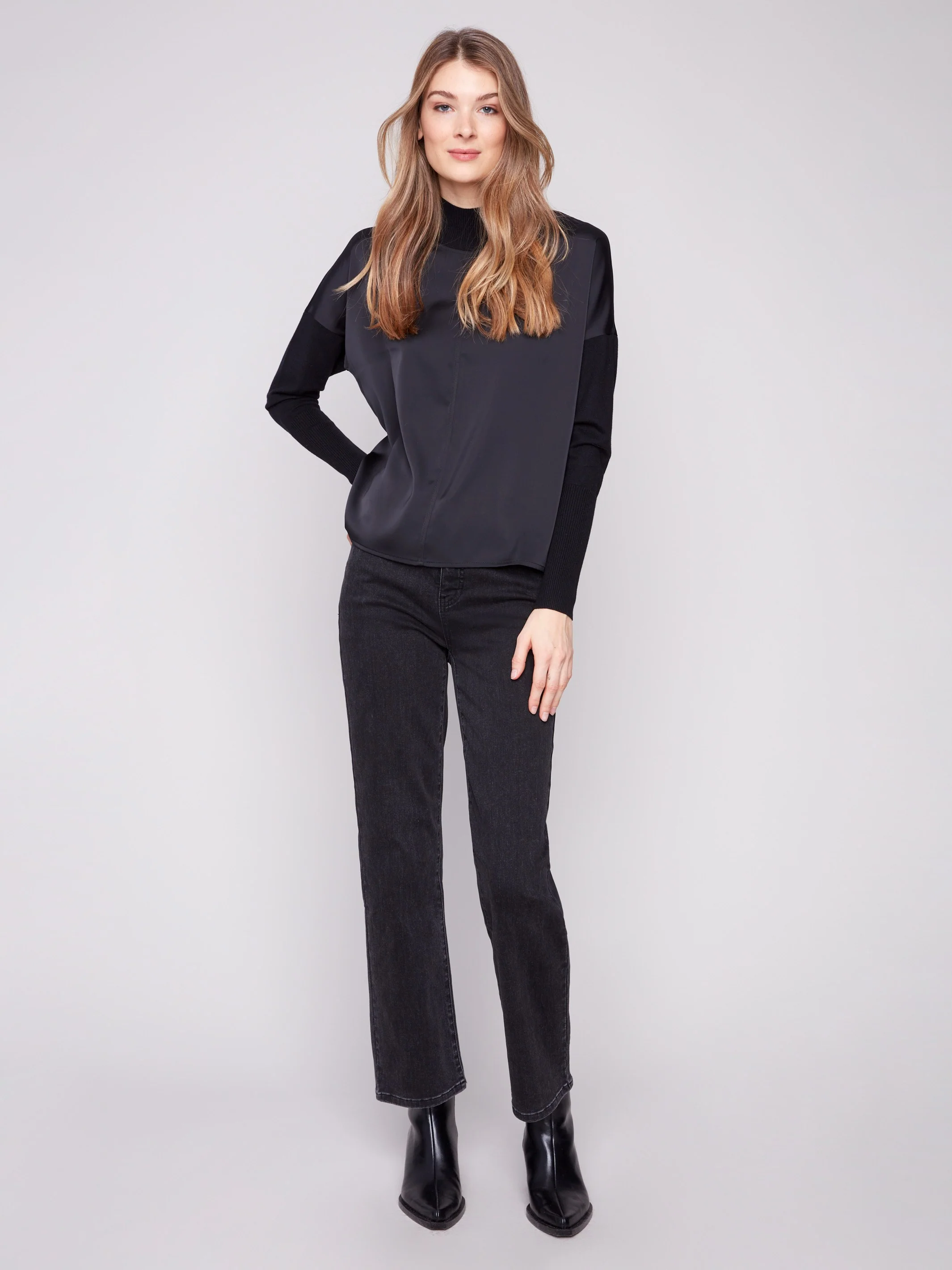 Satin Knit Top With Mock Neck - Black - WHSBYS