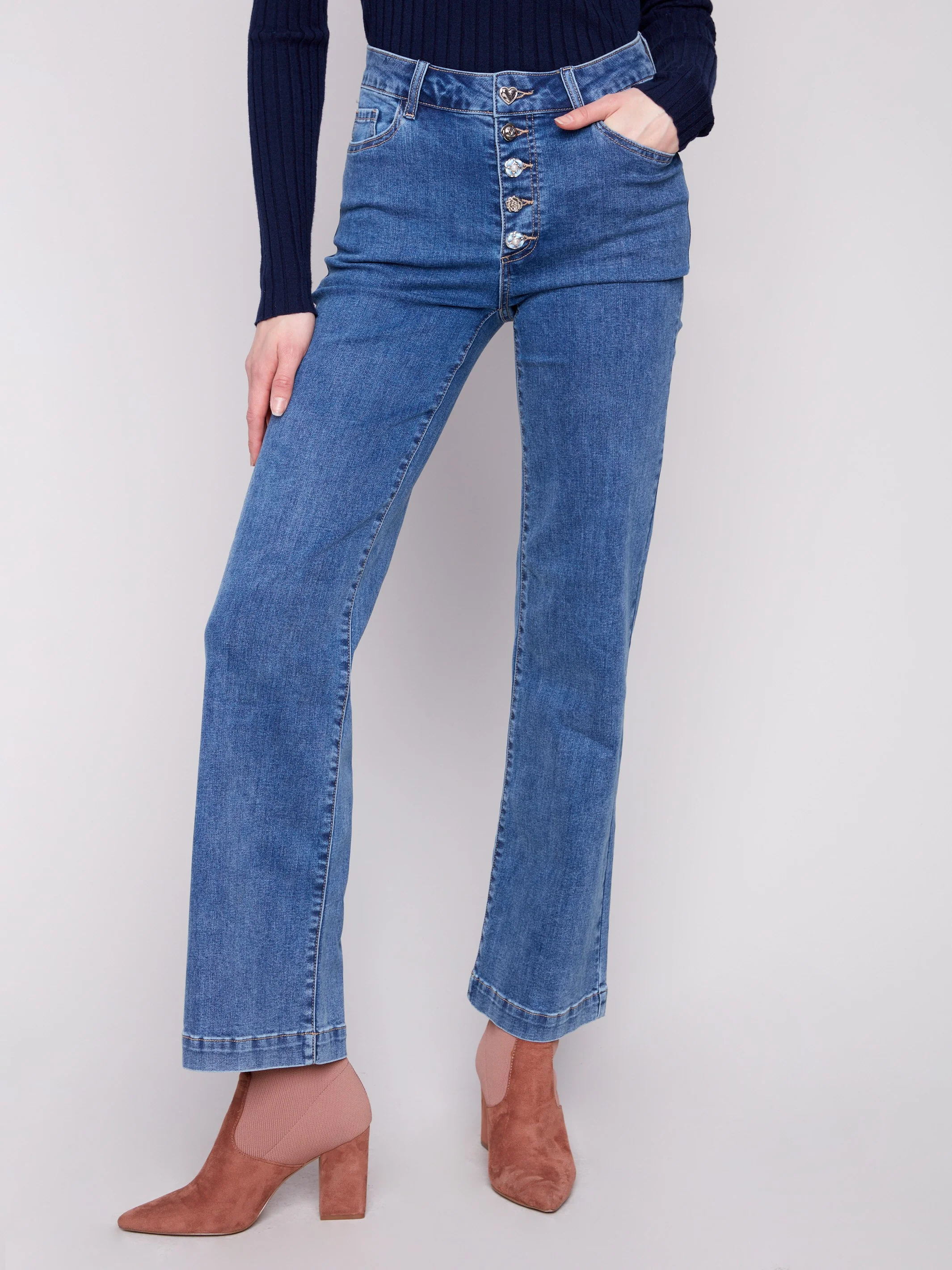 Flare Leg Jeans With Embellished Buttons - Medium Blue - WHSBYS