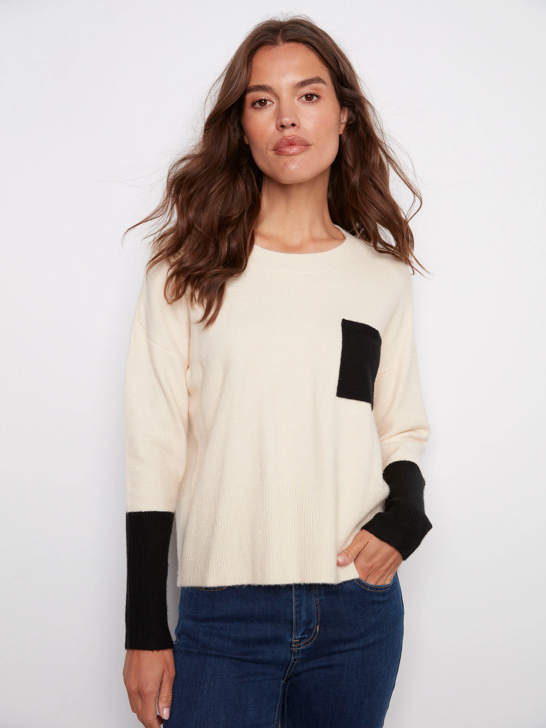 Crew Neck Sweater With Contrast Details - Ecru - WHSBYS