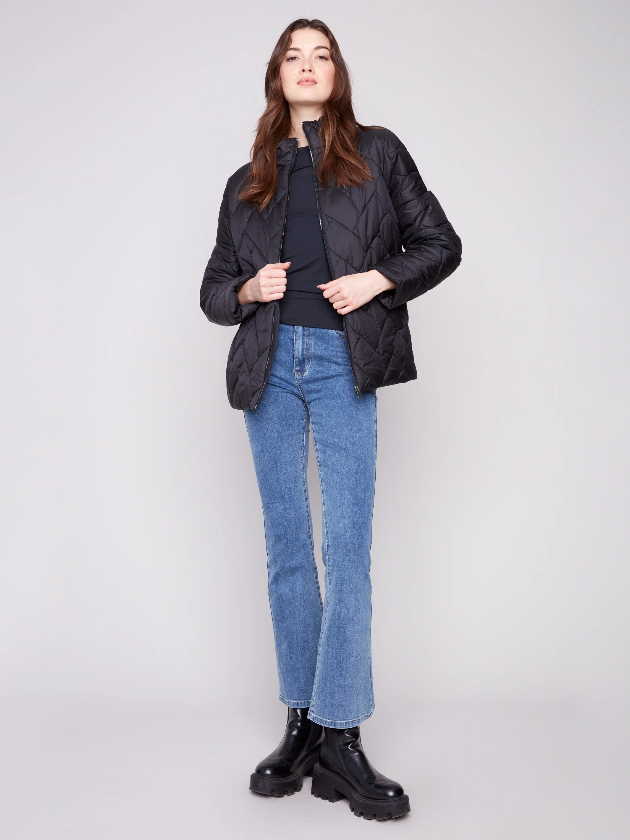 Jacquard Quilted Puffer Jacket - Black/Cream - WHSBYS