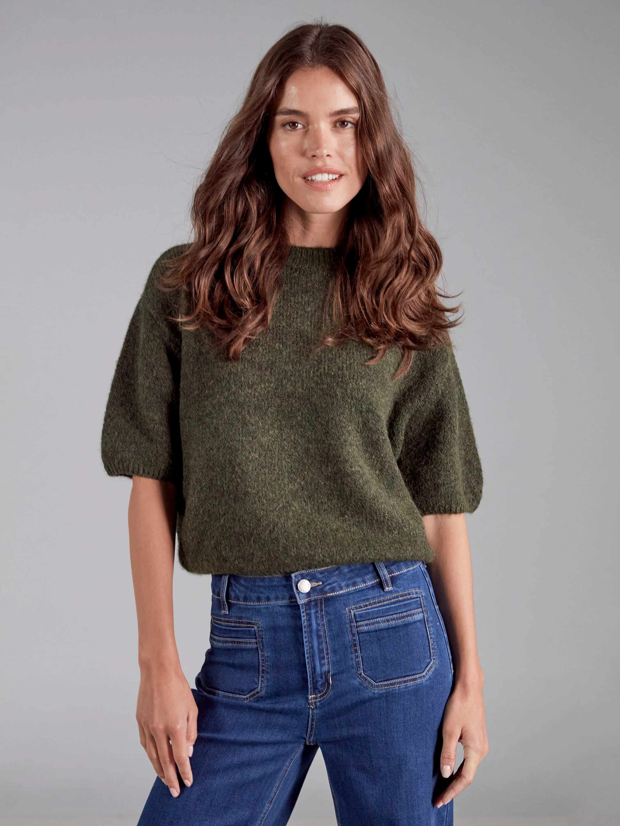 Balloon Elbow Sleeve Knit Sweater - Spruce - WHSBYS
