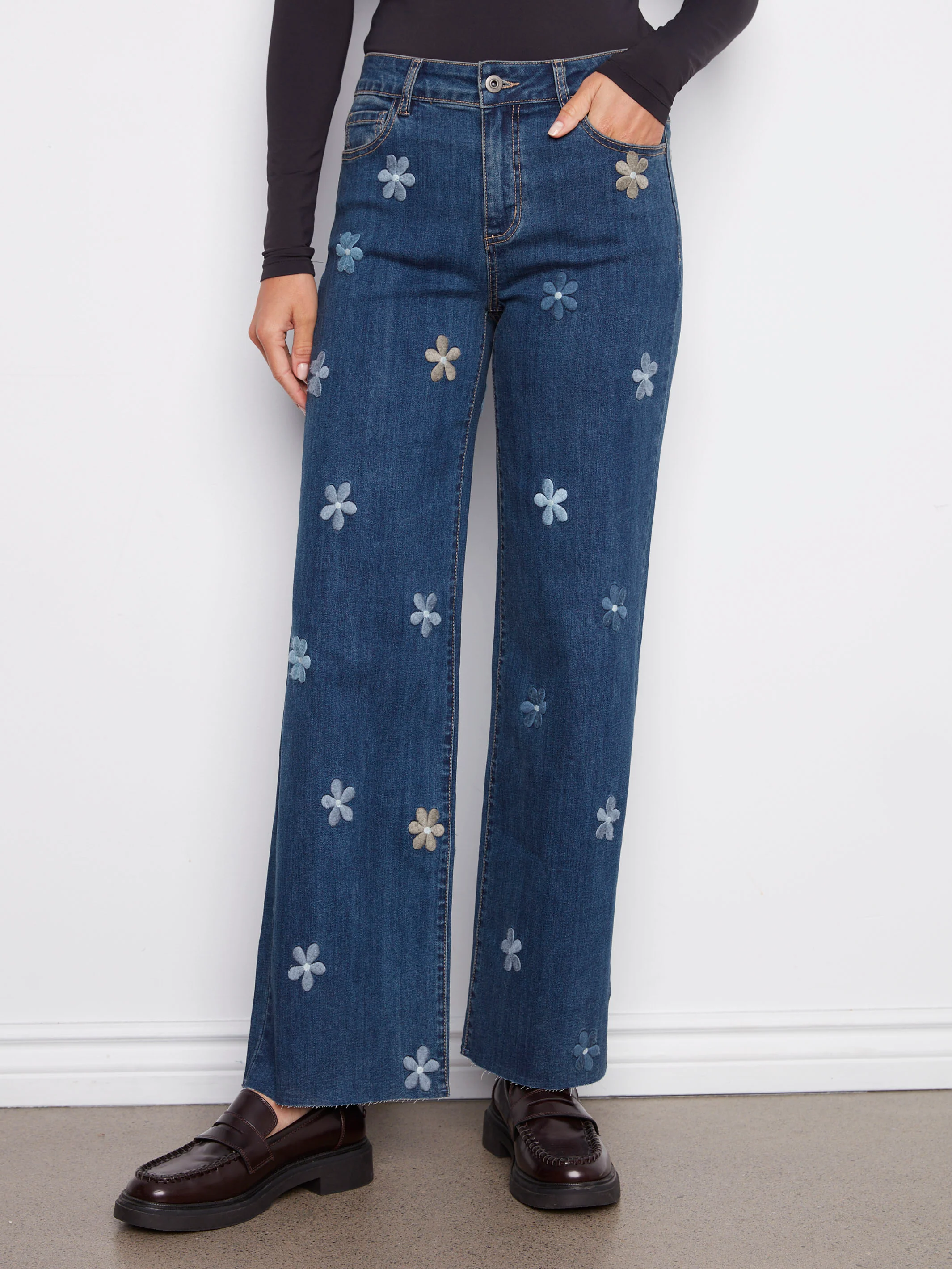 Wide Leg Jeans With Flower Patches - Indigo - WHSBYS