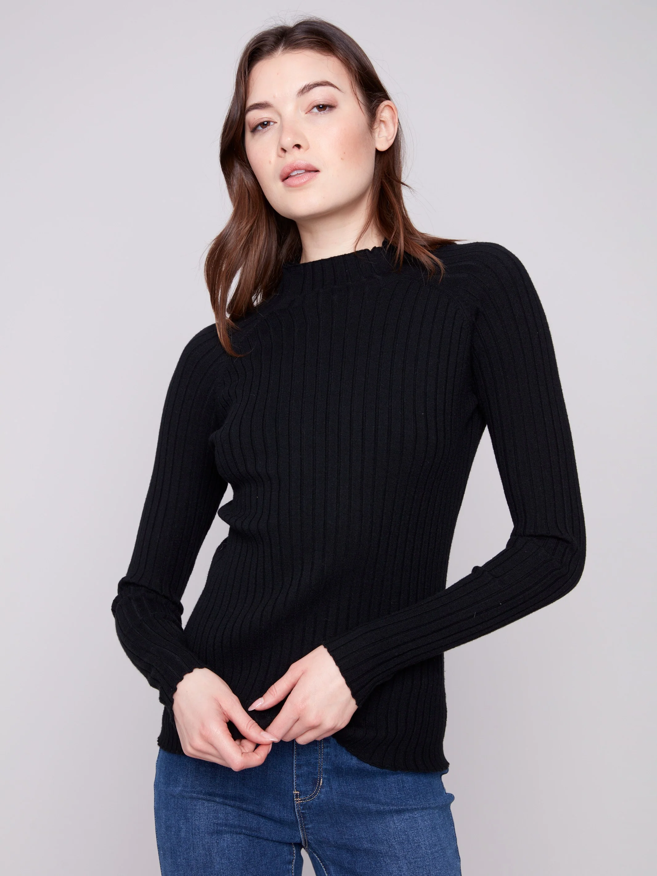 Ribbed Knit Mock Neck Sweater - Black - WHSBYS