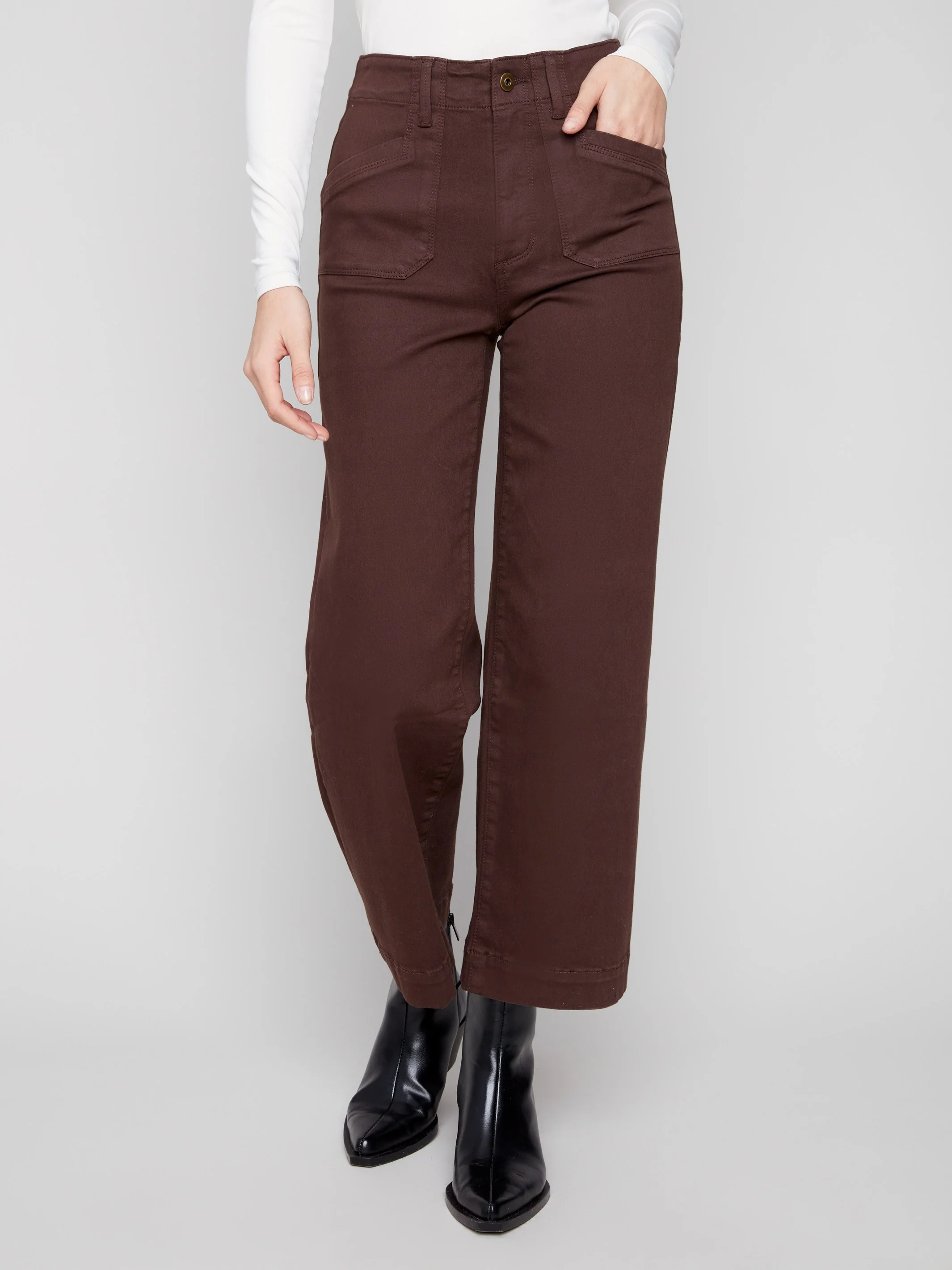 Cropped Wide Leg Stretch Twill Pants - Mocha - WHSBYS