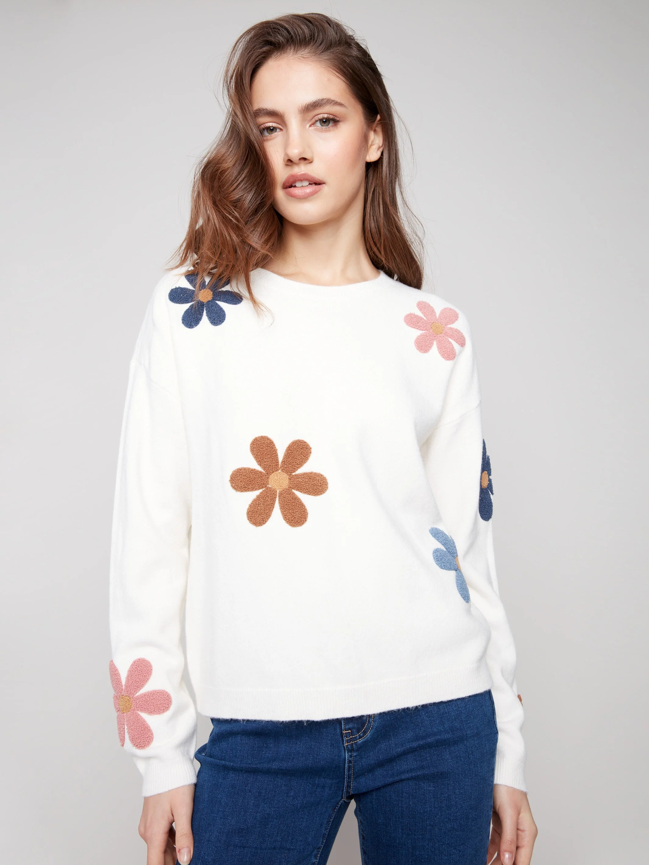 Plush Sweater with Boucle Flowers - Ecru - WHSBYS