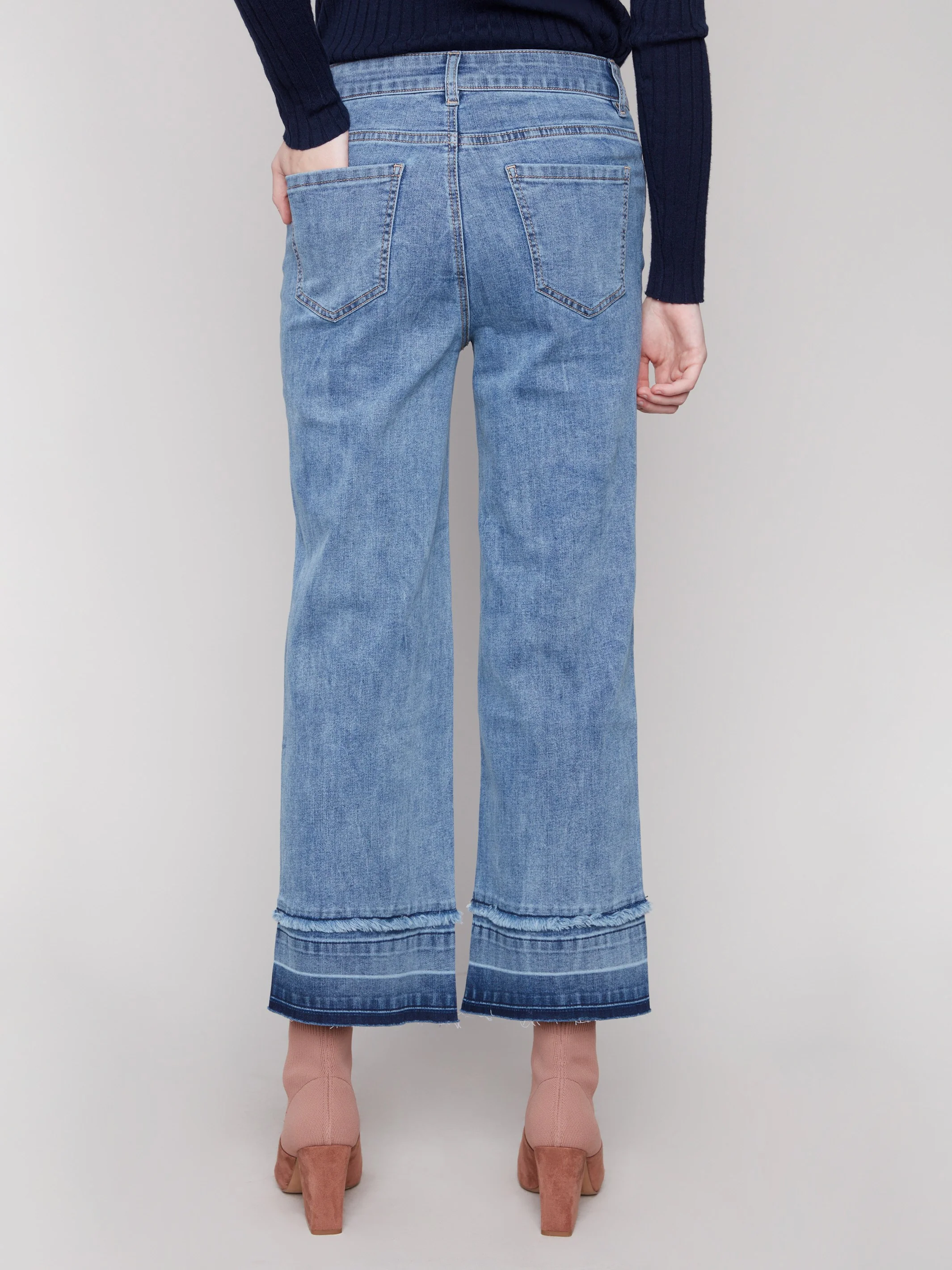 Flare Leg Jeans With Fringed Hem - Medium Blue - WHSBYS