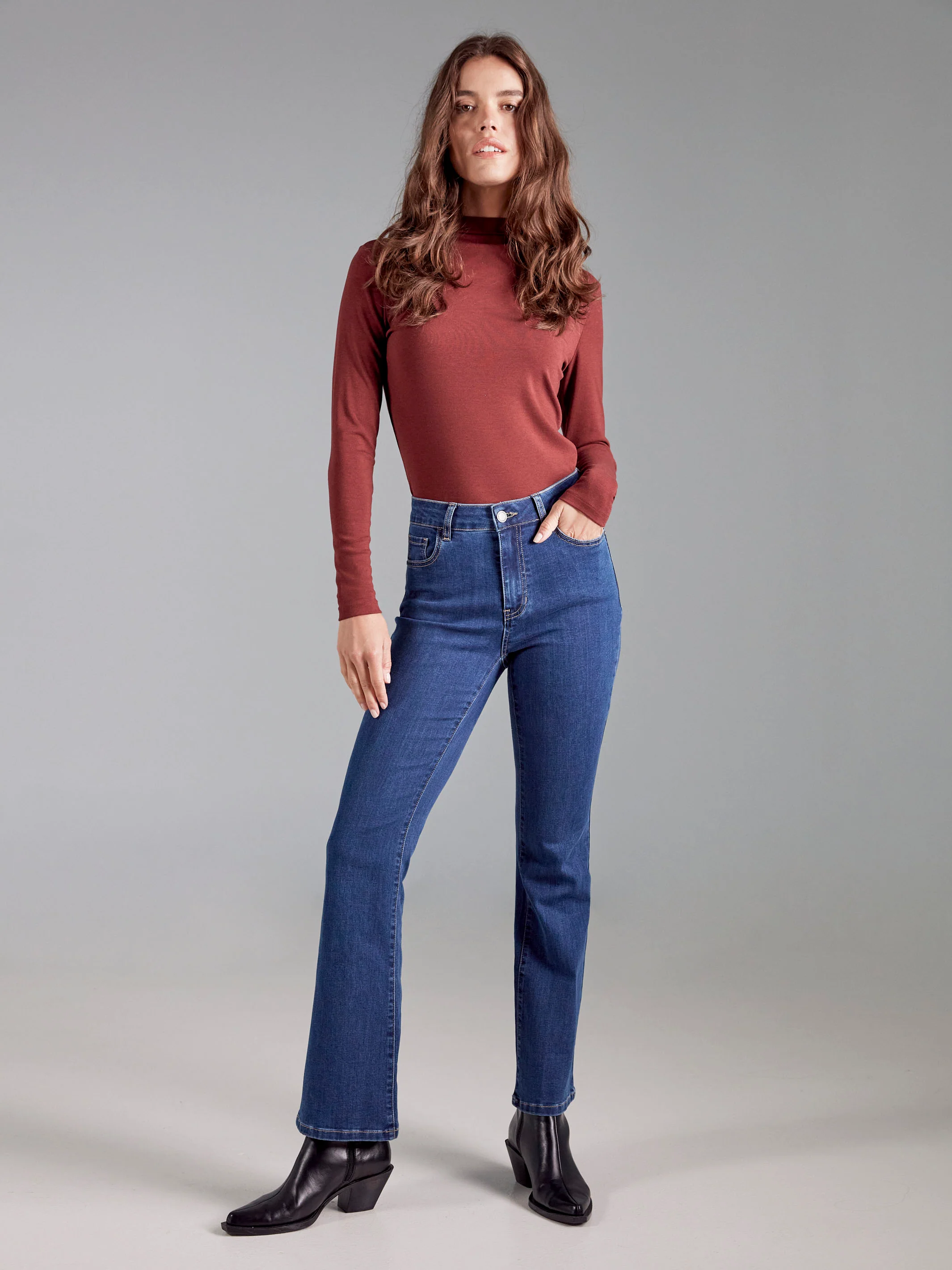 Long Sleeve Mock Neck Top - Cabernet - WHSBYS