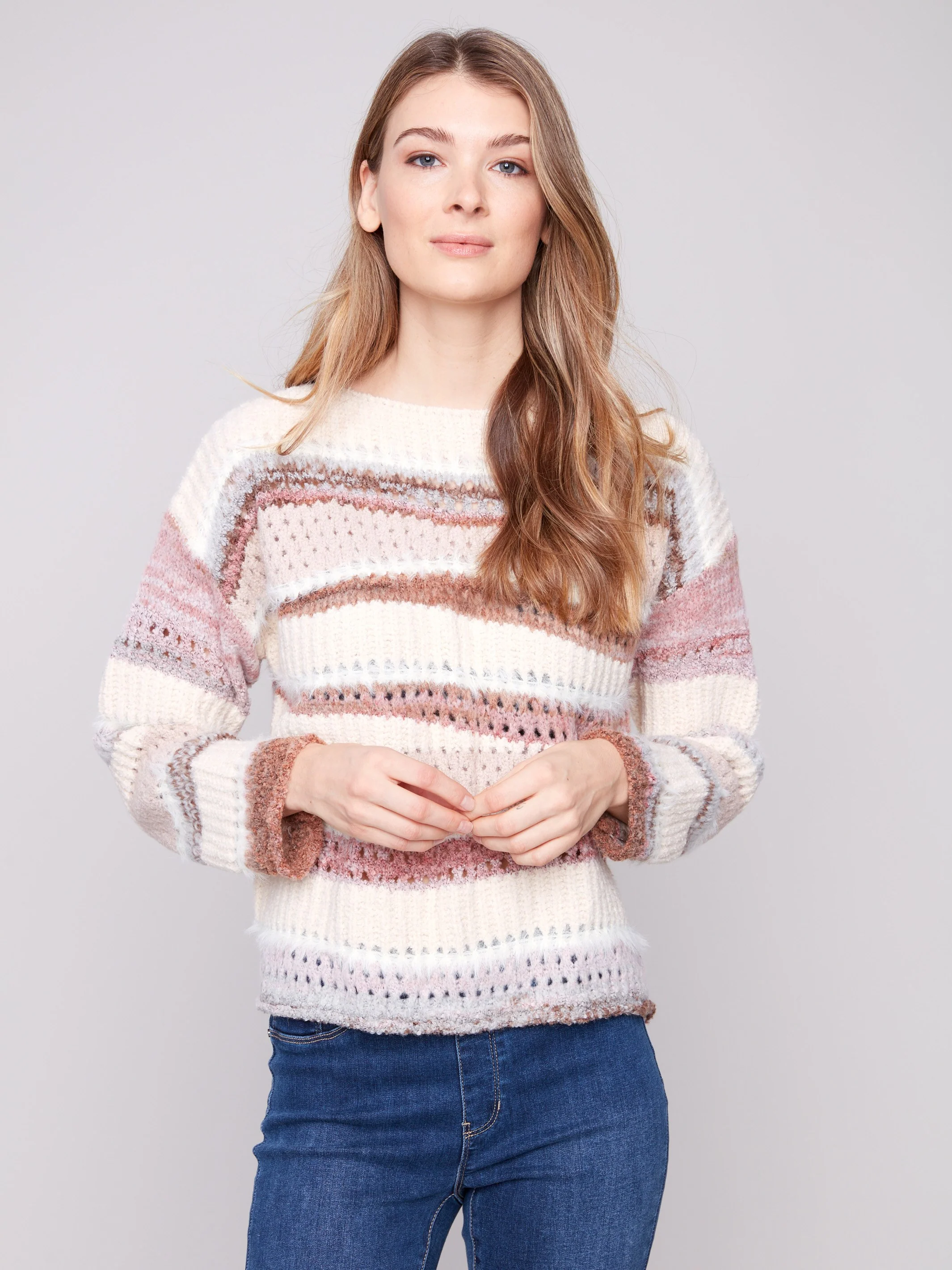 Patchwork Knit Drop Shoulder Sweater - Fig - WHSBYS