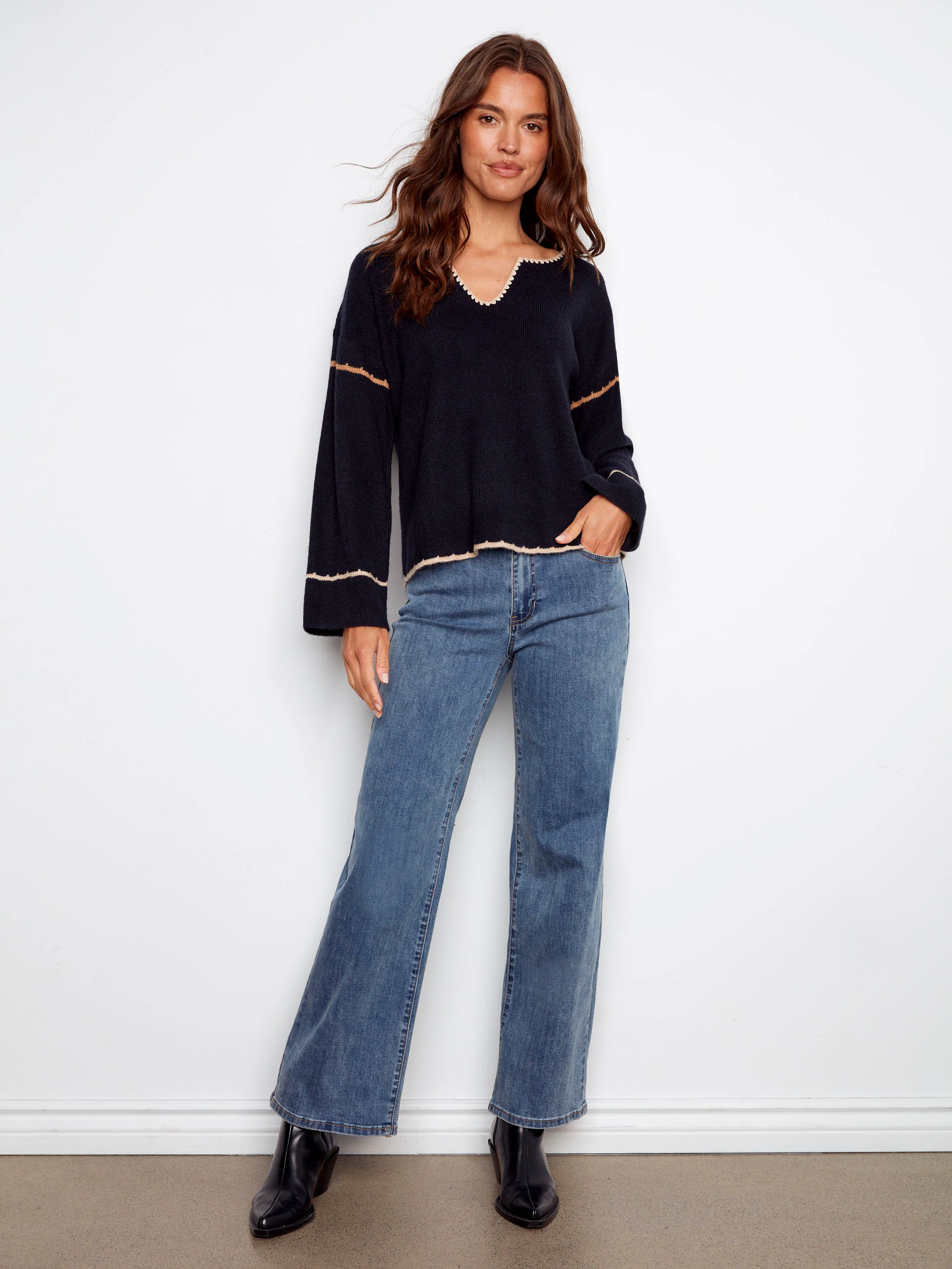 Embroidered Ribbed Sweater With Notch Neck - Navy - WHSBYS