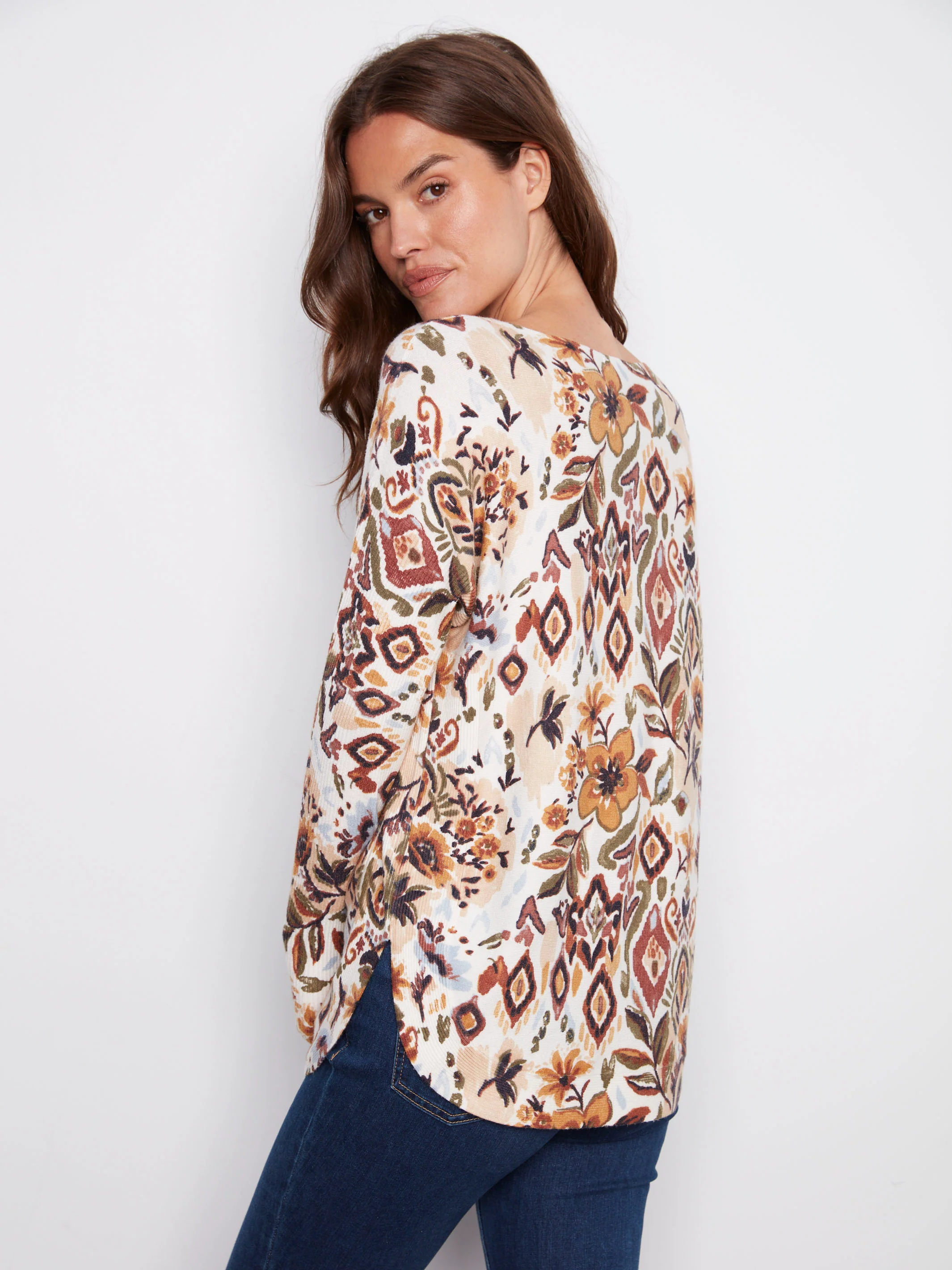 Printed Rounded Hem Sweater - Jacobean - WHSBYS