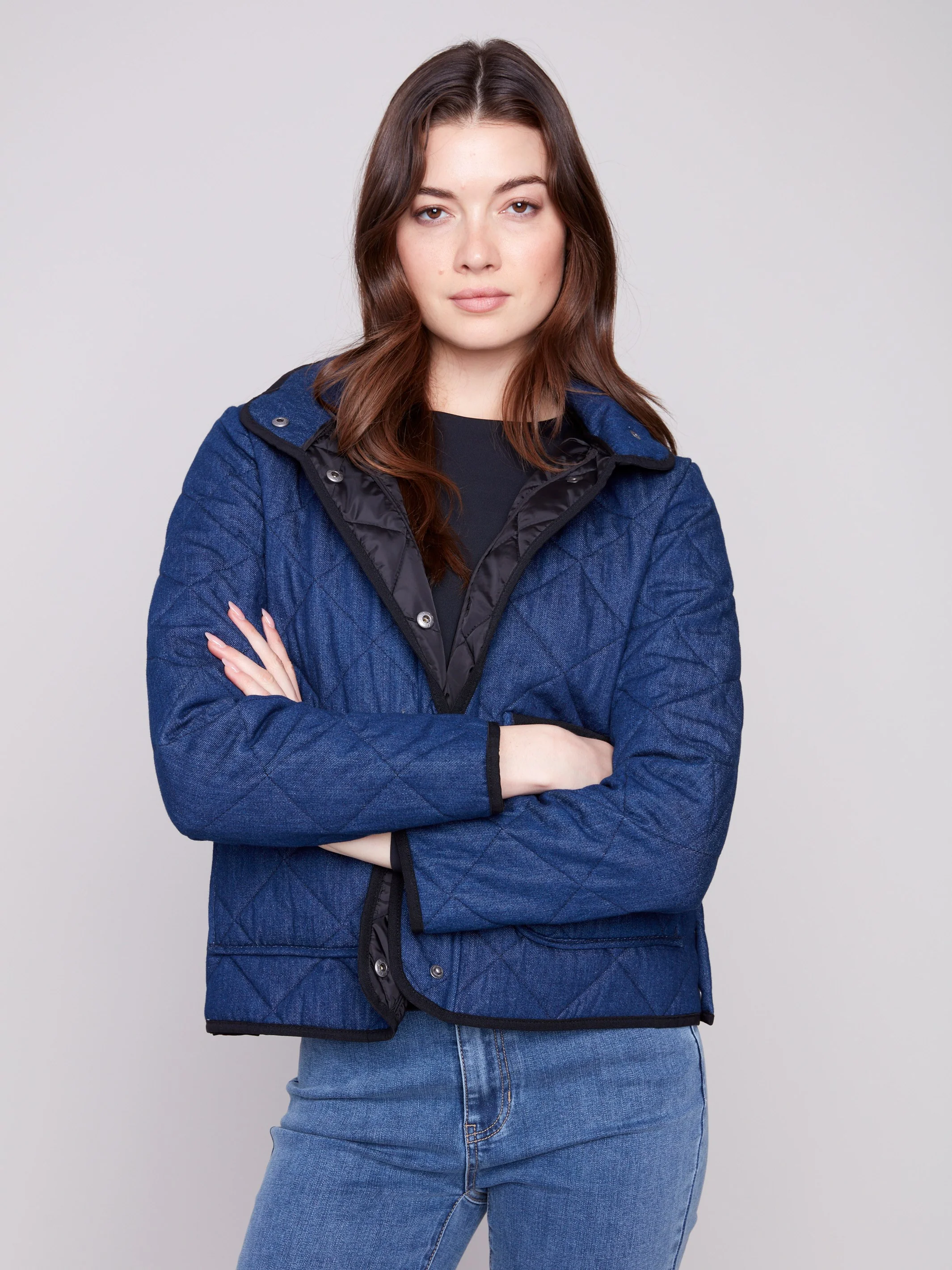 Denim Quilted Puffer Jacket With Removable Hood - Classic Blue - WHSBYS