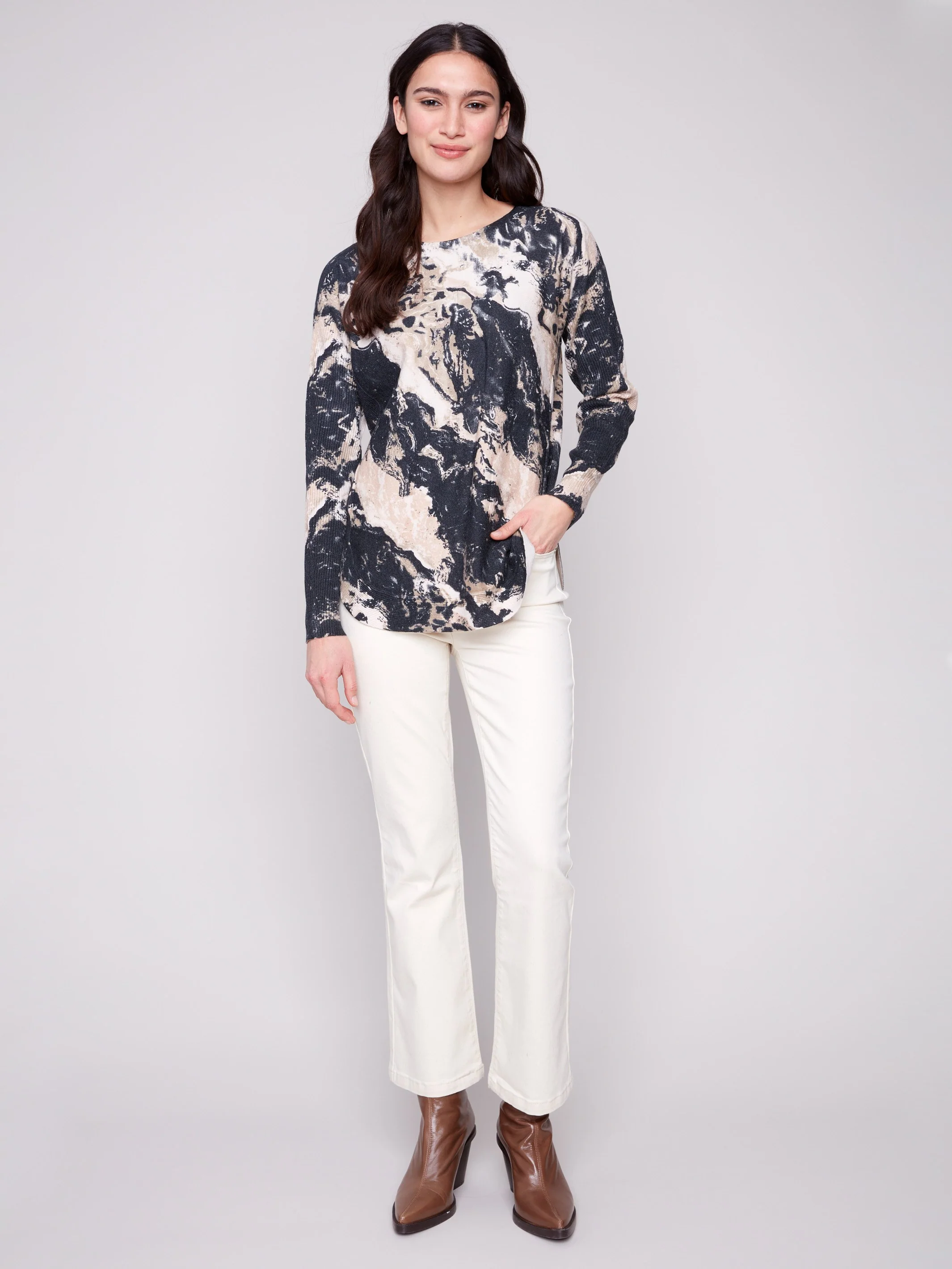 Printed Rounded Hem Sweater - Granite - WHSBYS
