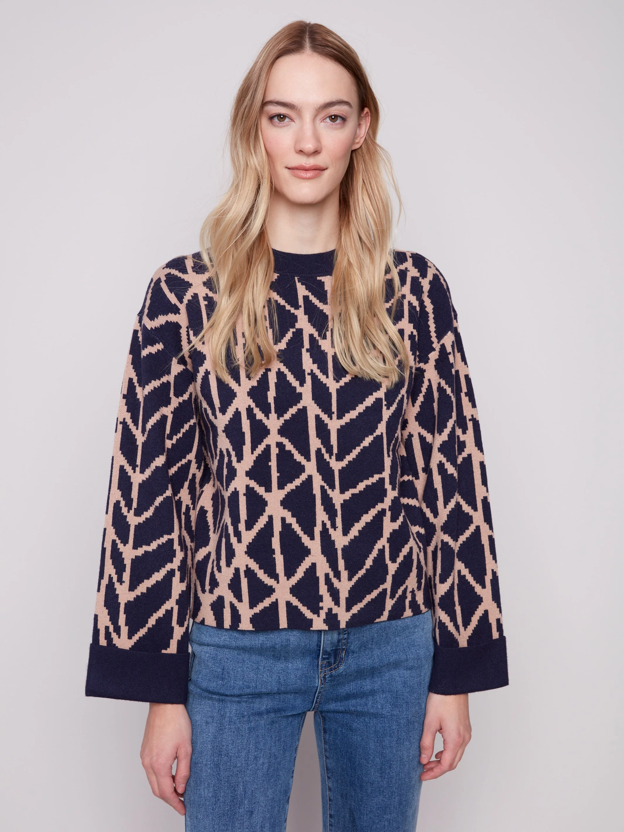 Jacquard Sweater With Folded Cuffs - Navy - WHSBYS