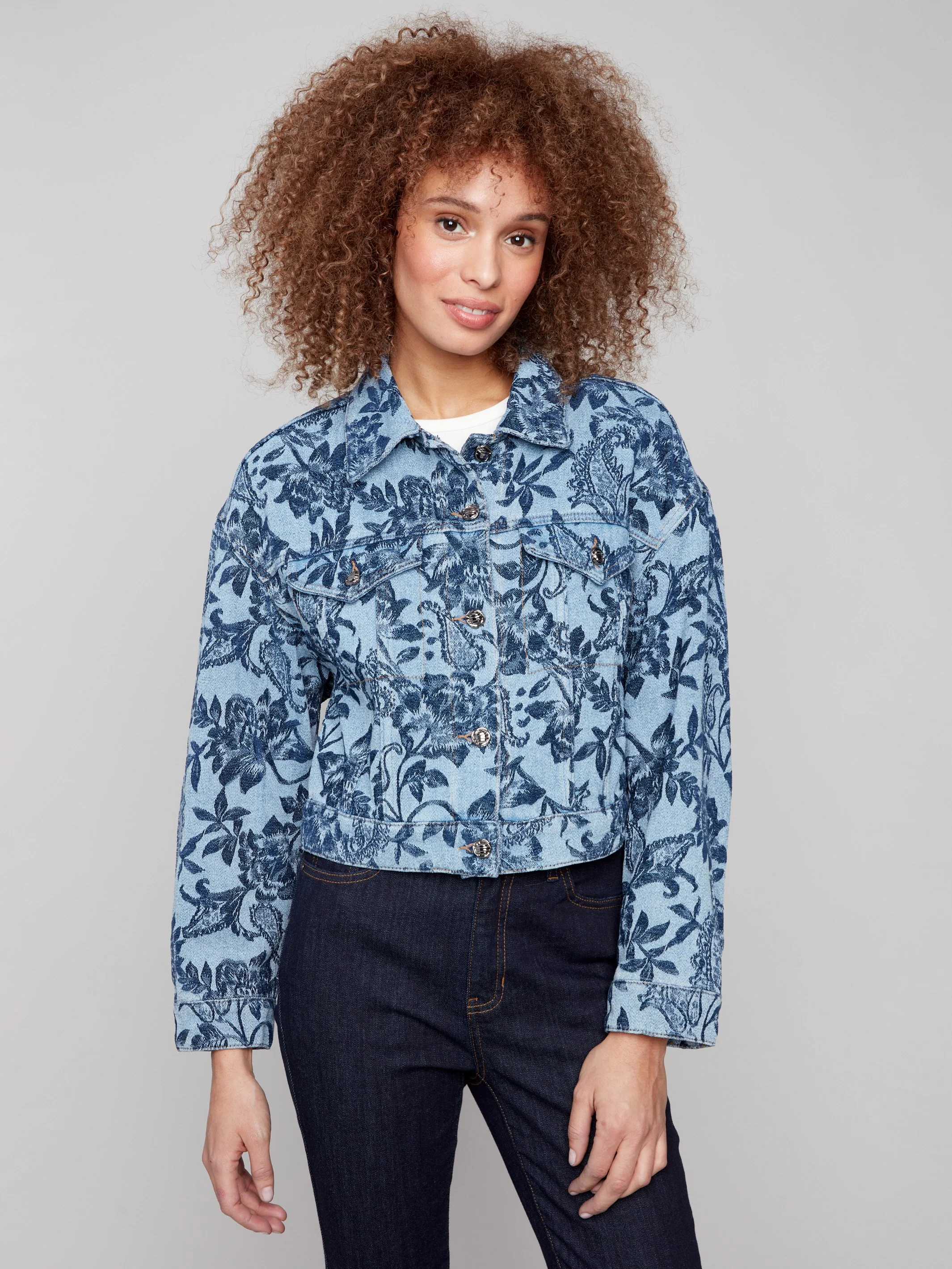 Cropped Jacquard Denim Jacket - Blue - WHSBYS