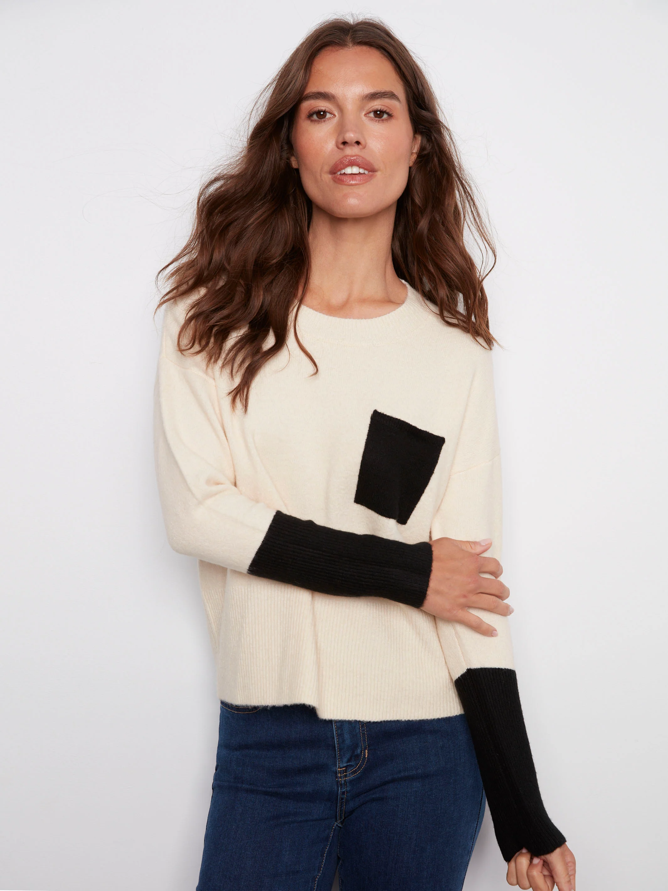 Crew Neck Sweater With Contrast Details - Ecru - WHSBYS