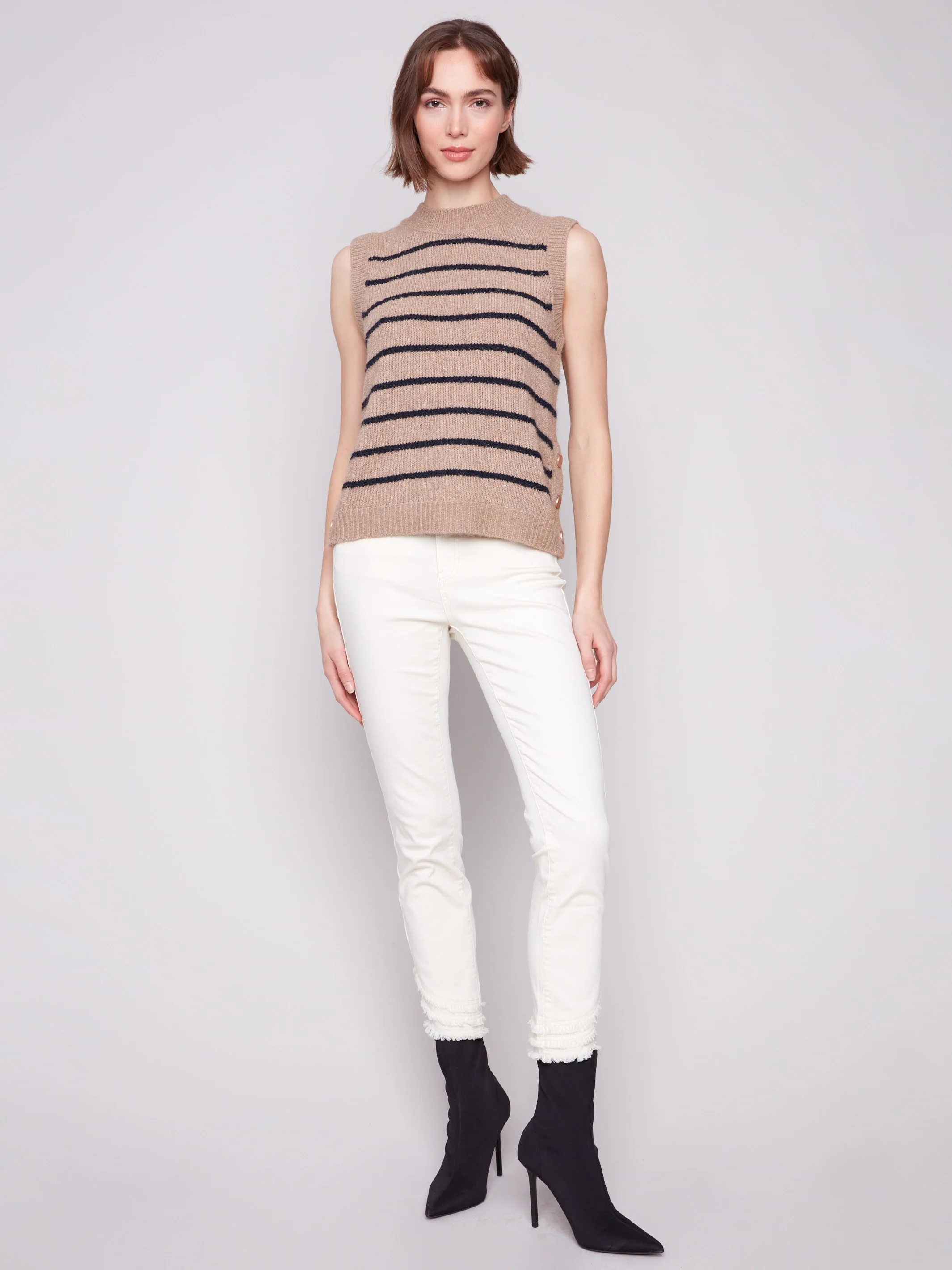 Striped Sleeveless Sweater Vest - Heather Camel - WHSBYS