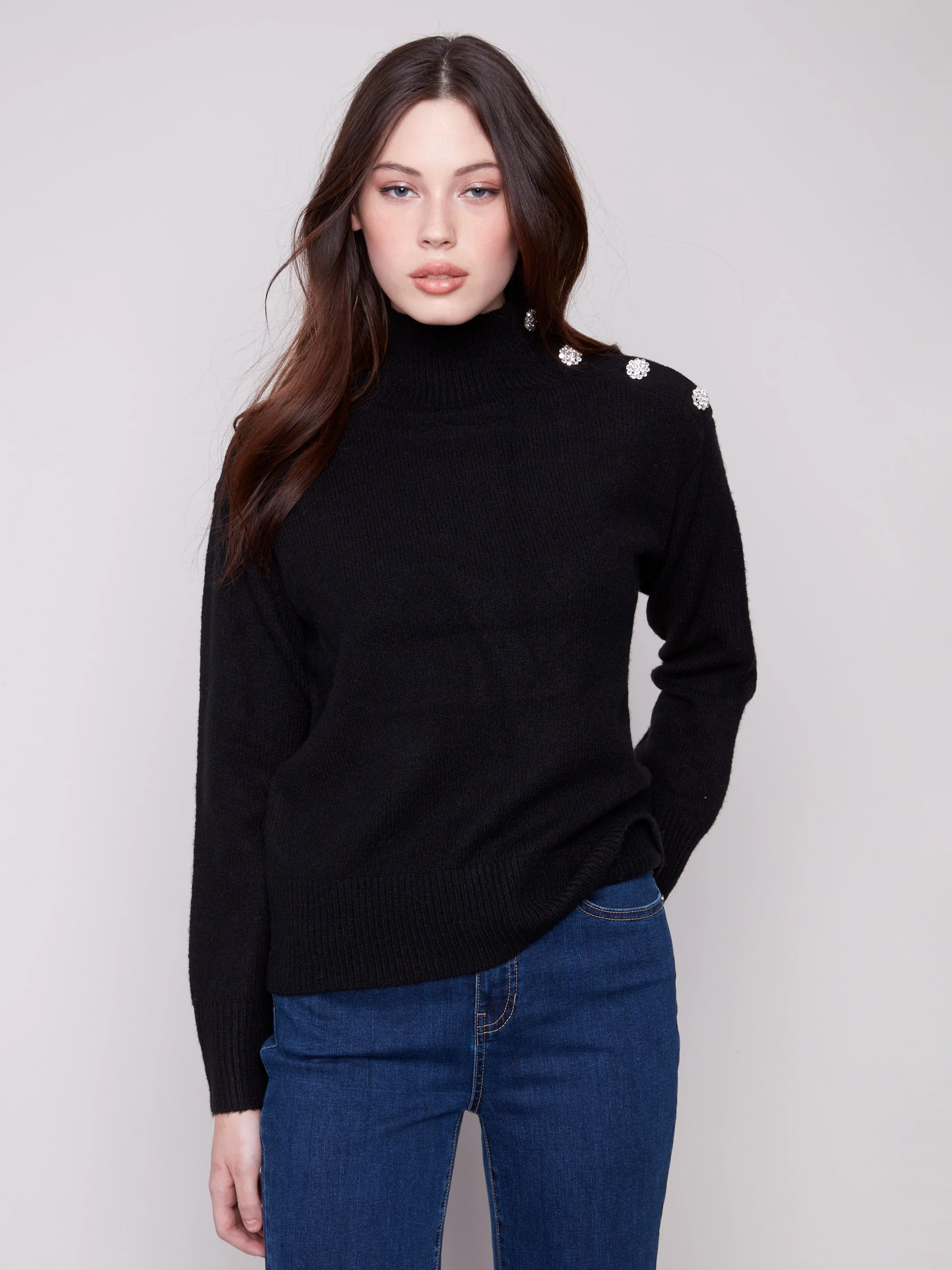 Mock Neck Sweater With Fancy Buttons - Black - WHSBYS