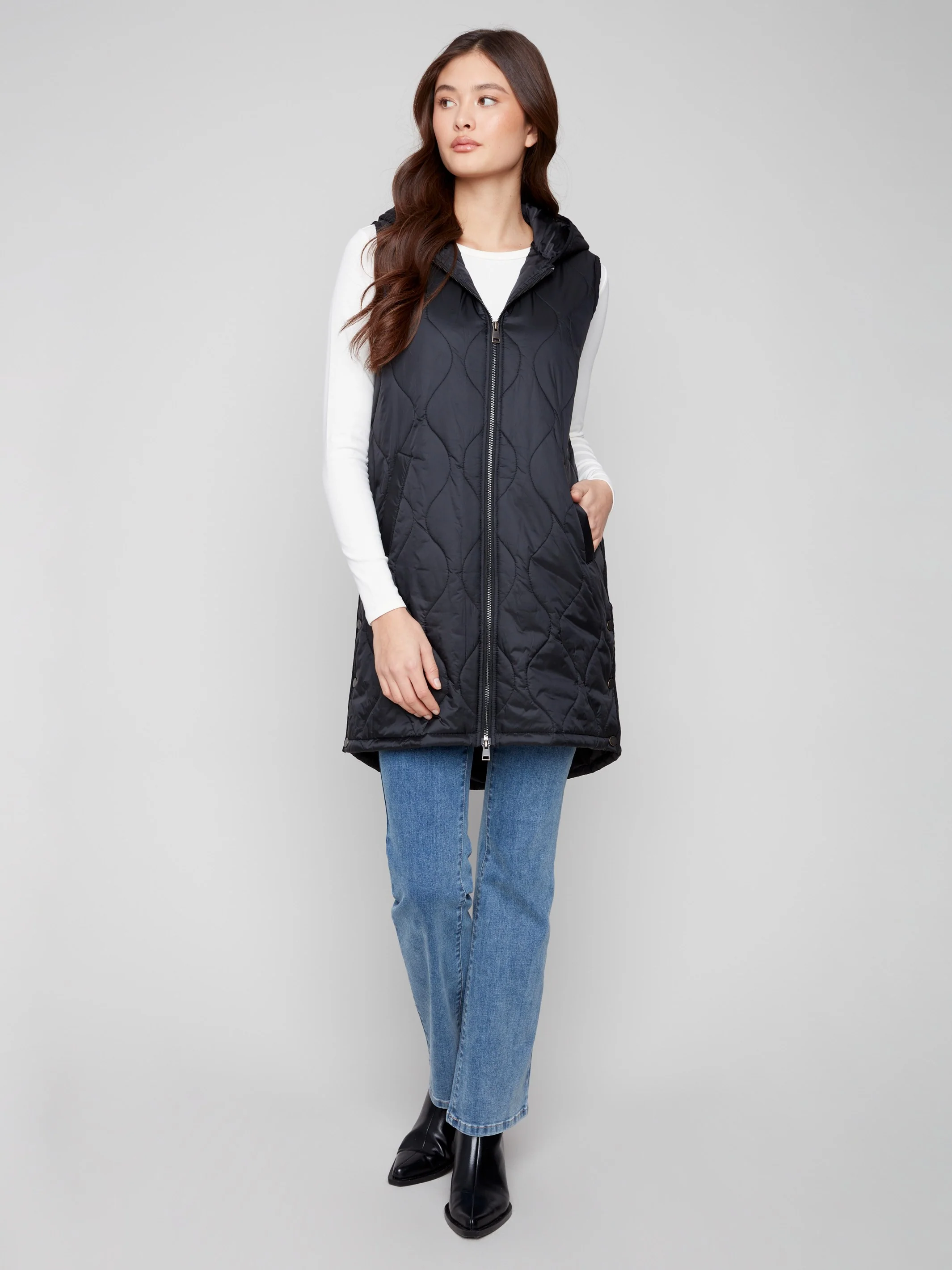 Pearlized Long Hooded Vest - Black - WHSBYS