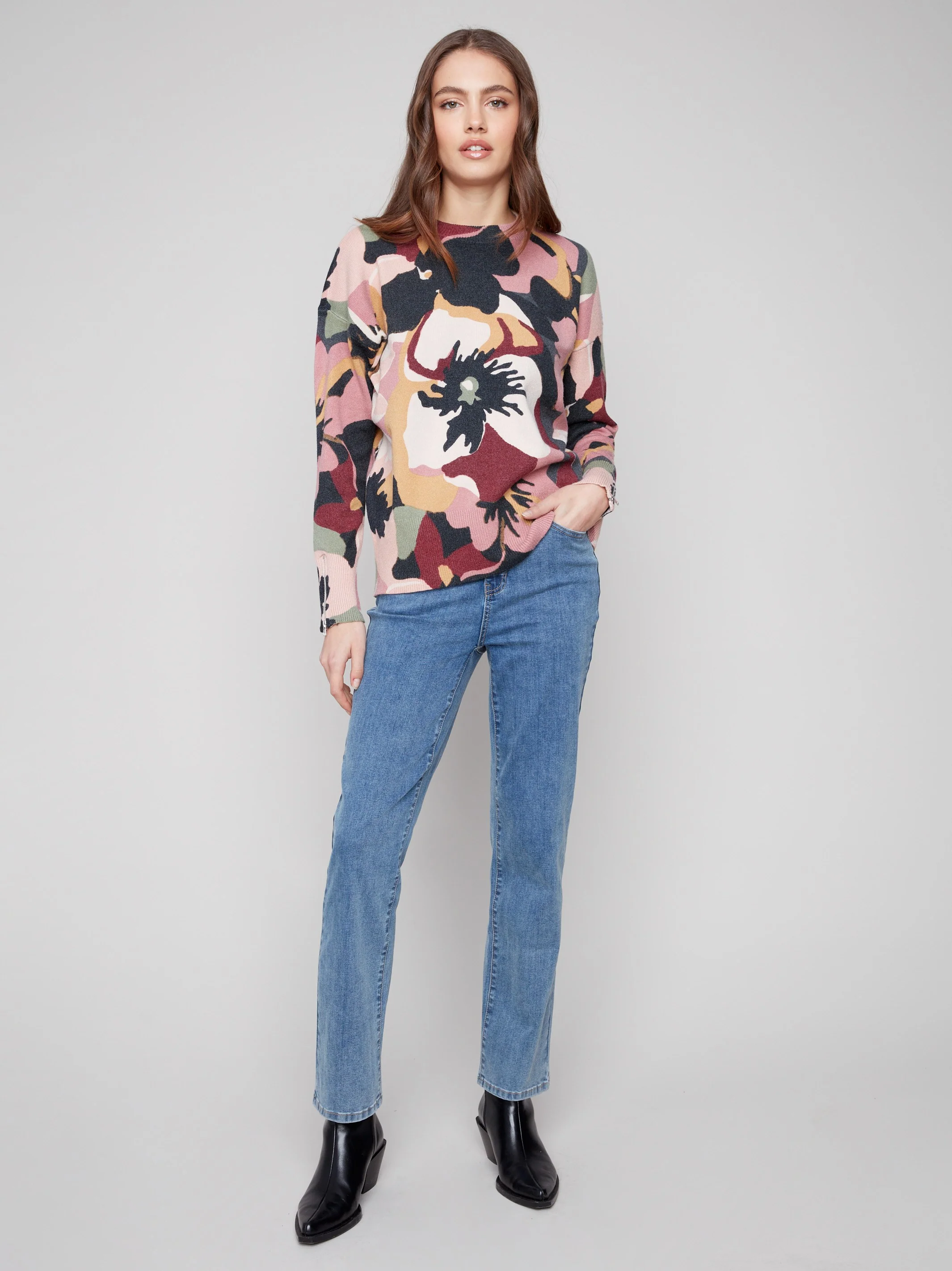 Printed Crew Neck Sweater With Sleeve Zippers - Flowery - WHSBYS