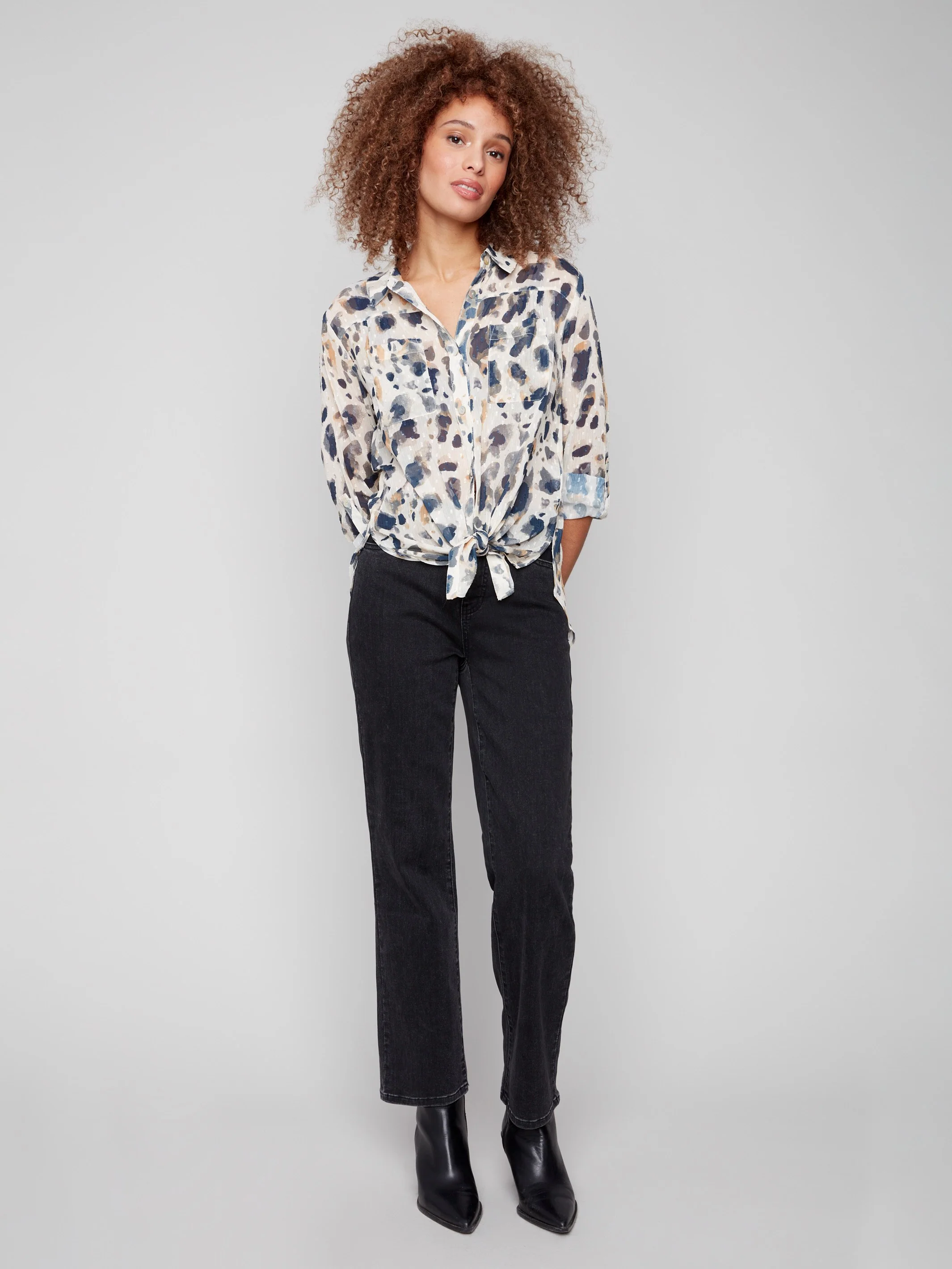 Printed Button-Up Blouse - Animal - WHSBYS