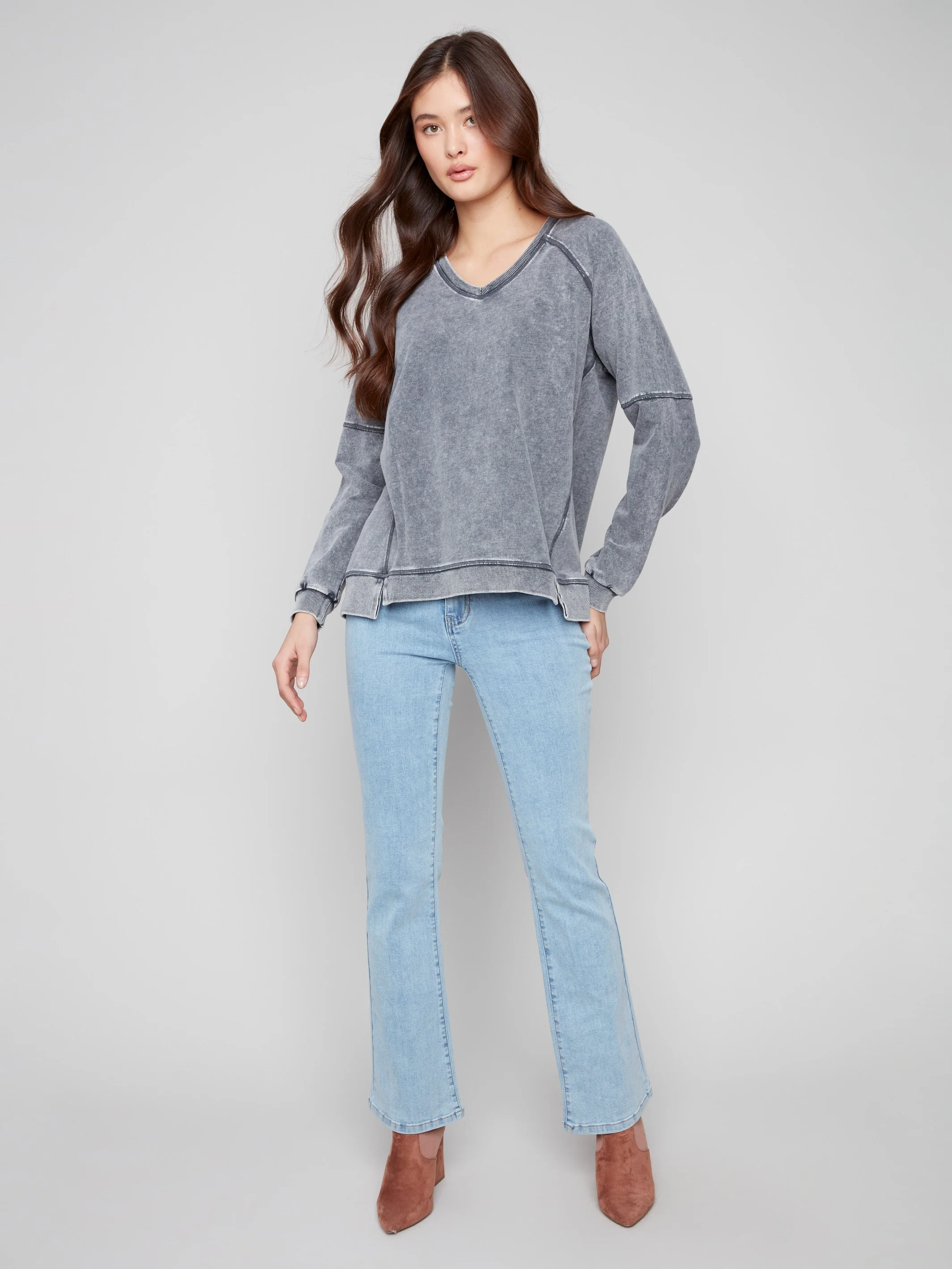 Cold Dye French Terry V-Neck Top - Charcoal - WHSBYS