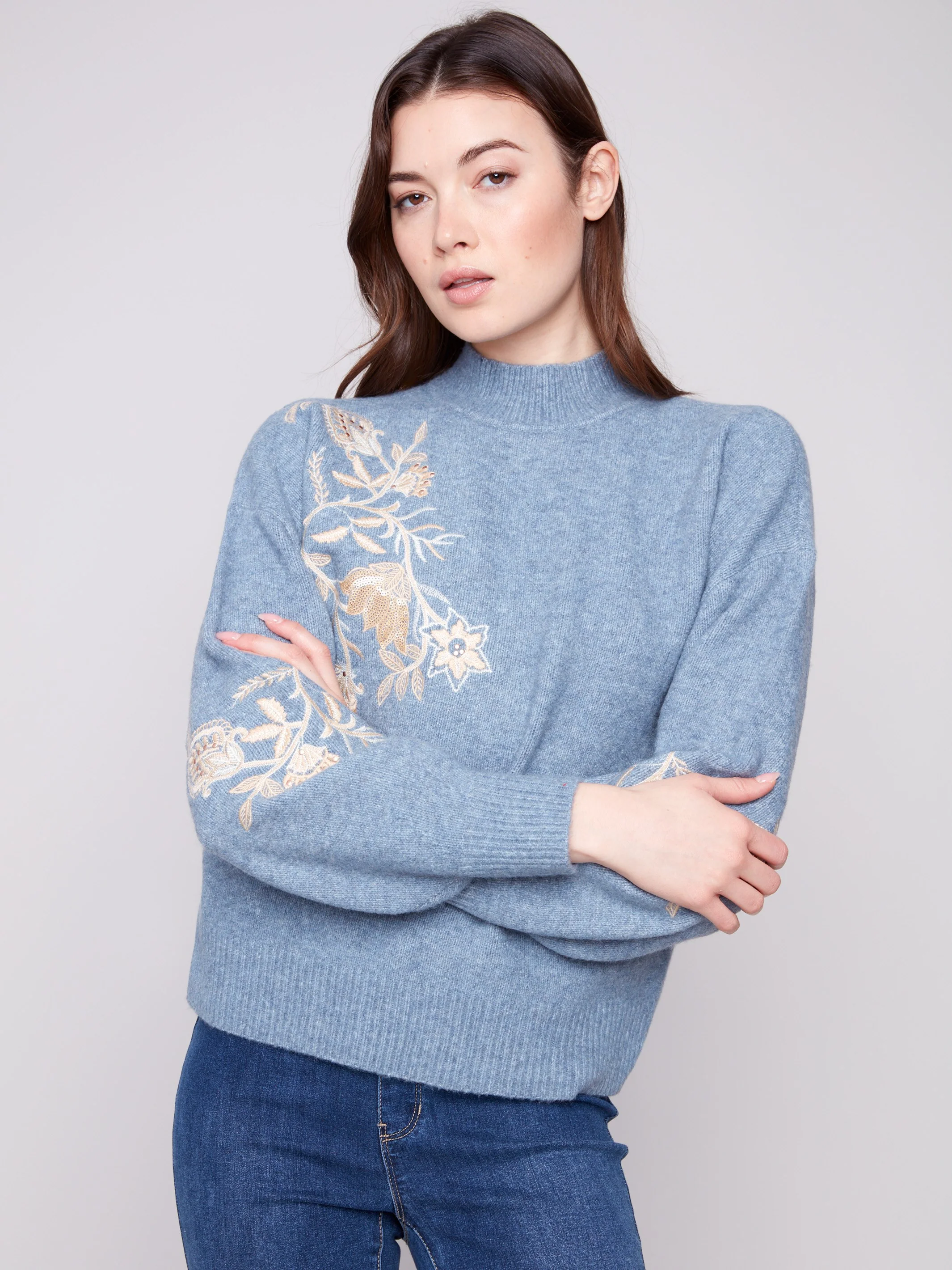 Mock Neck Sweater with Sequin Detail - Heather Denim - WHSBYS