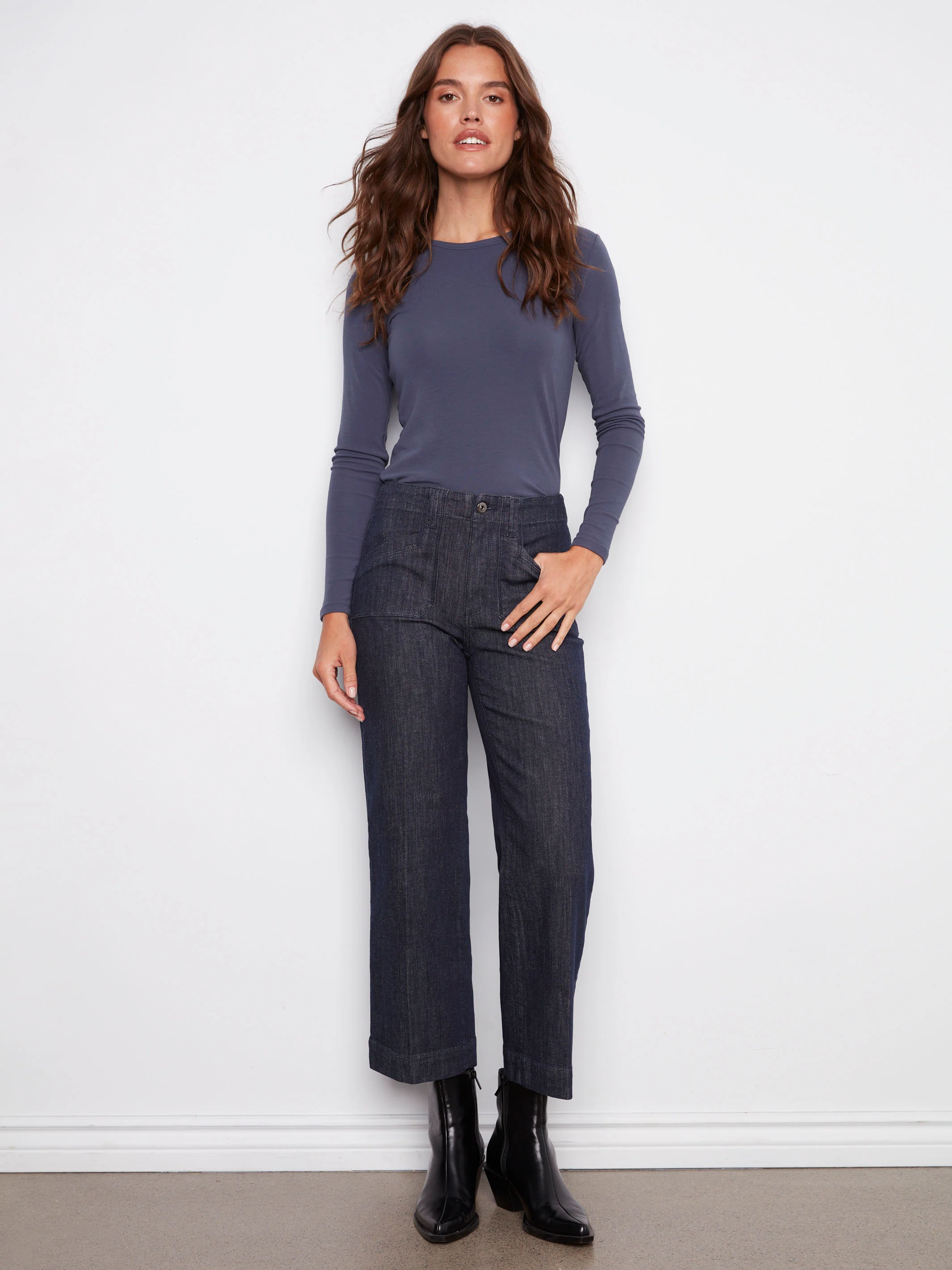 Cropped Wide Leg Stretch Jeans - Deep Blue - WHSBYS
