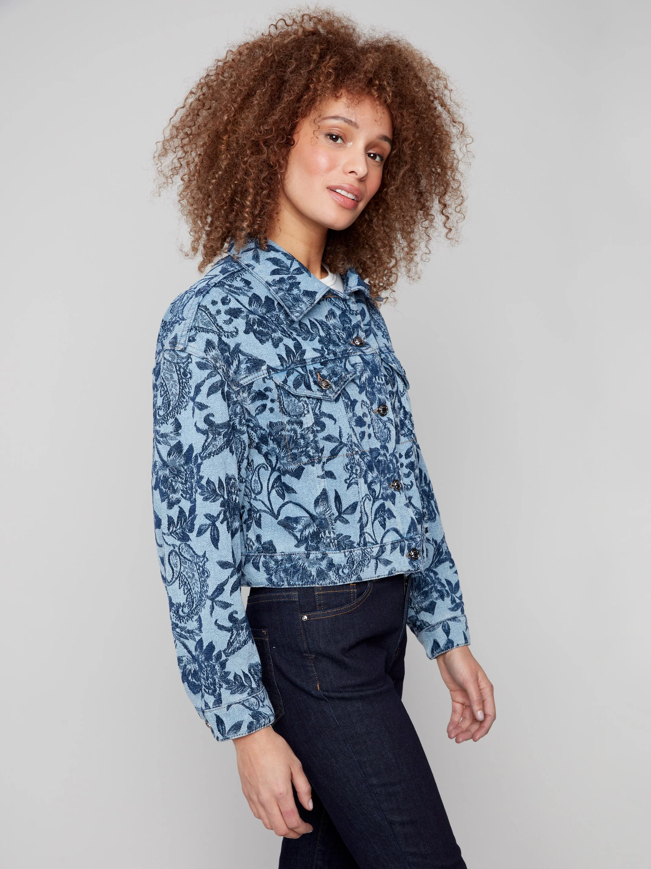 Cropped Jacquard Denim Jacket - Blue - WHSBYS
