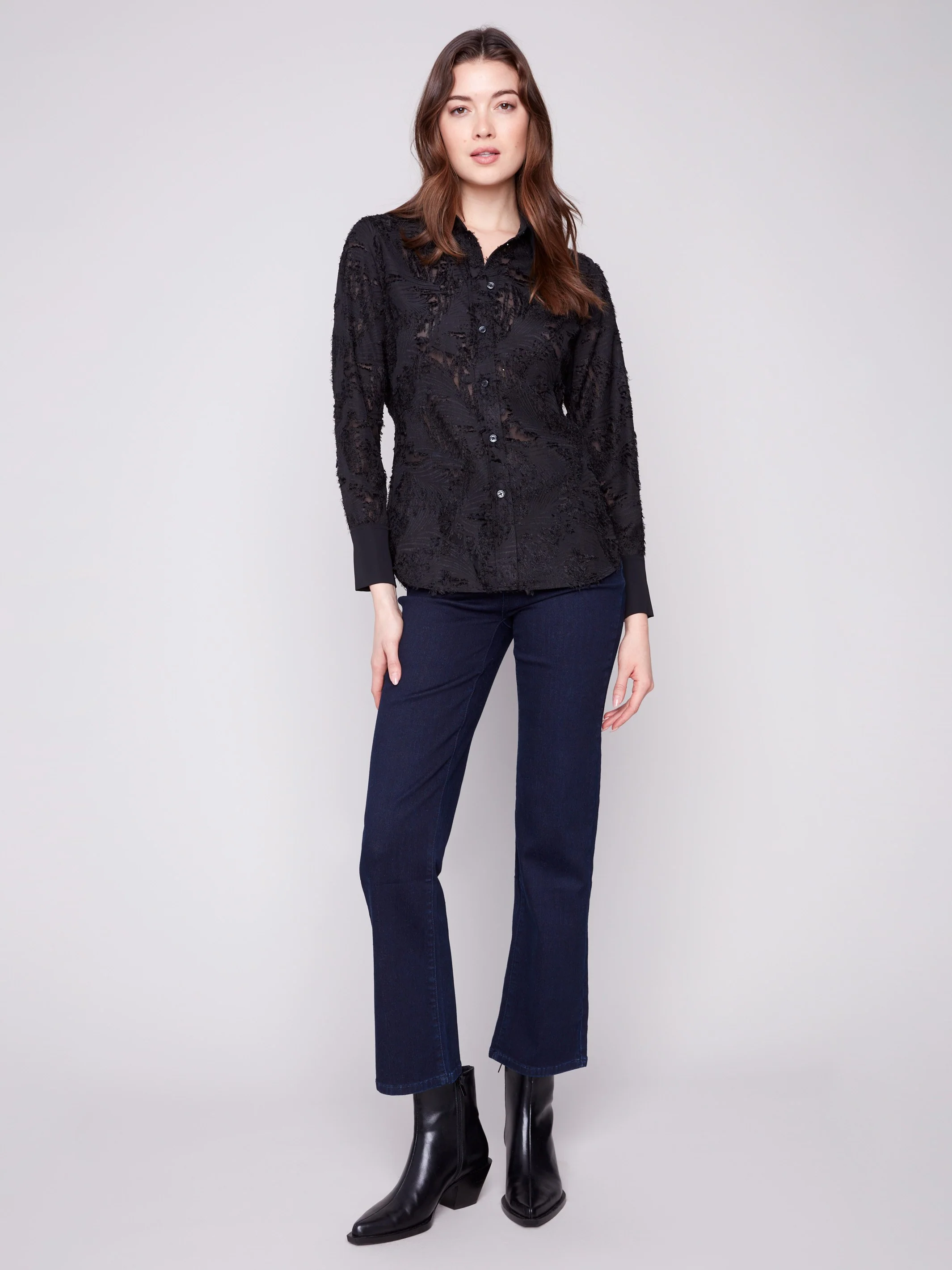 Semi-Sheer Button-Down Chiffon Shirt - Black - WHSBYS