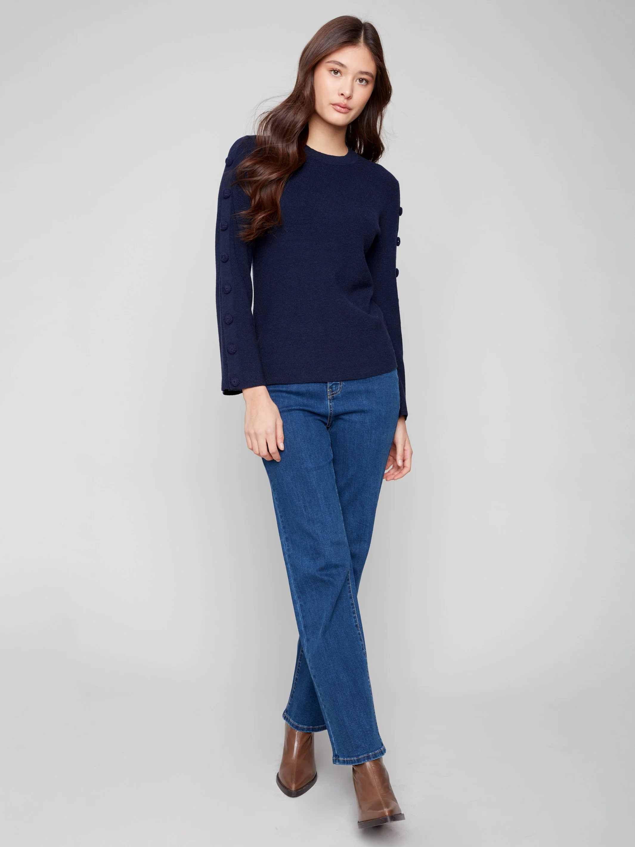 Ribbed Crew Neck Sweater With Buttons Details - Navy - WHSBYS