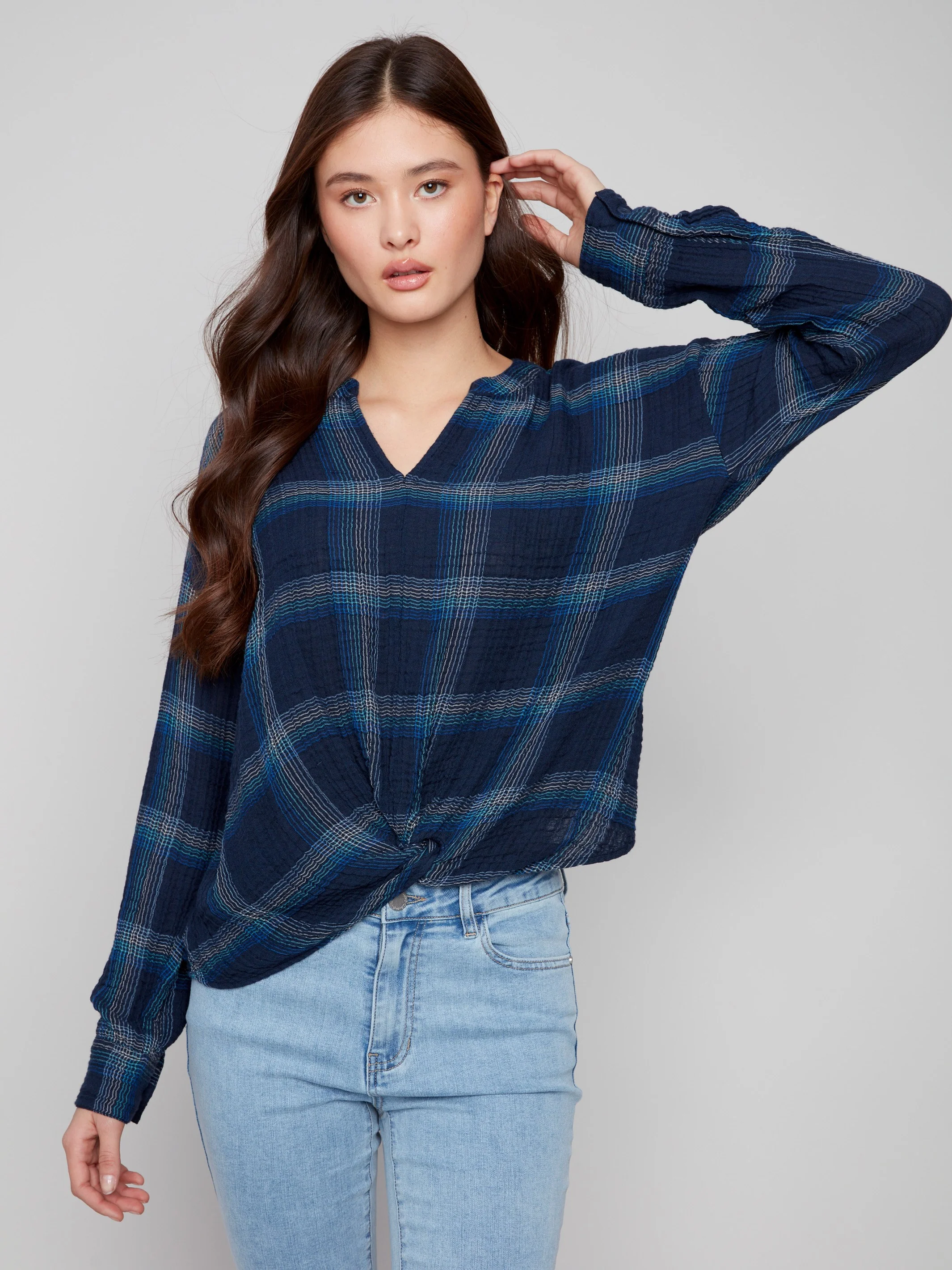 Plaid Double Gauze Blouse With Front Knot - Lapis - WHSBYS