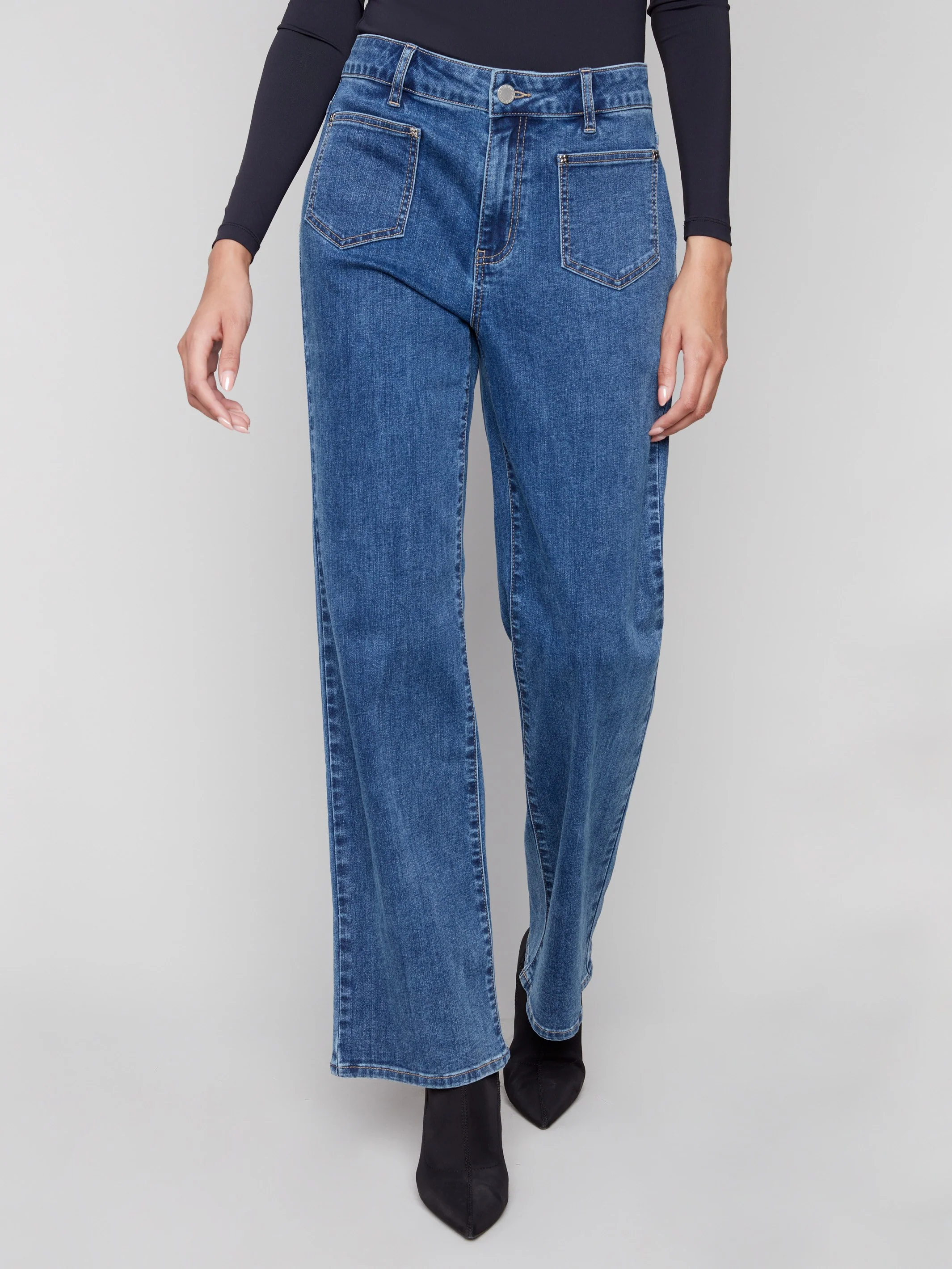 Patch Pocket Flare Jeans With Rivets - Medium Blue - WHSBYS