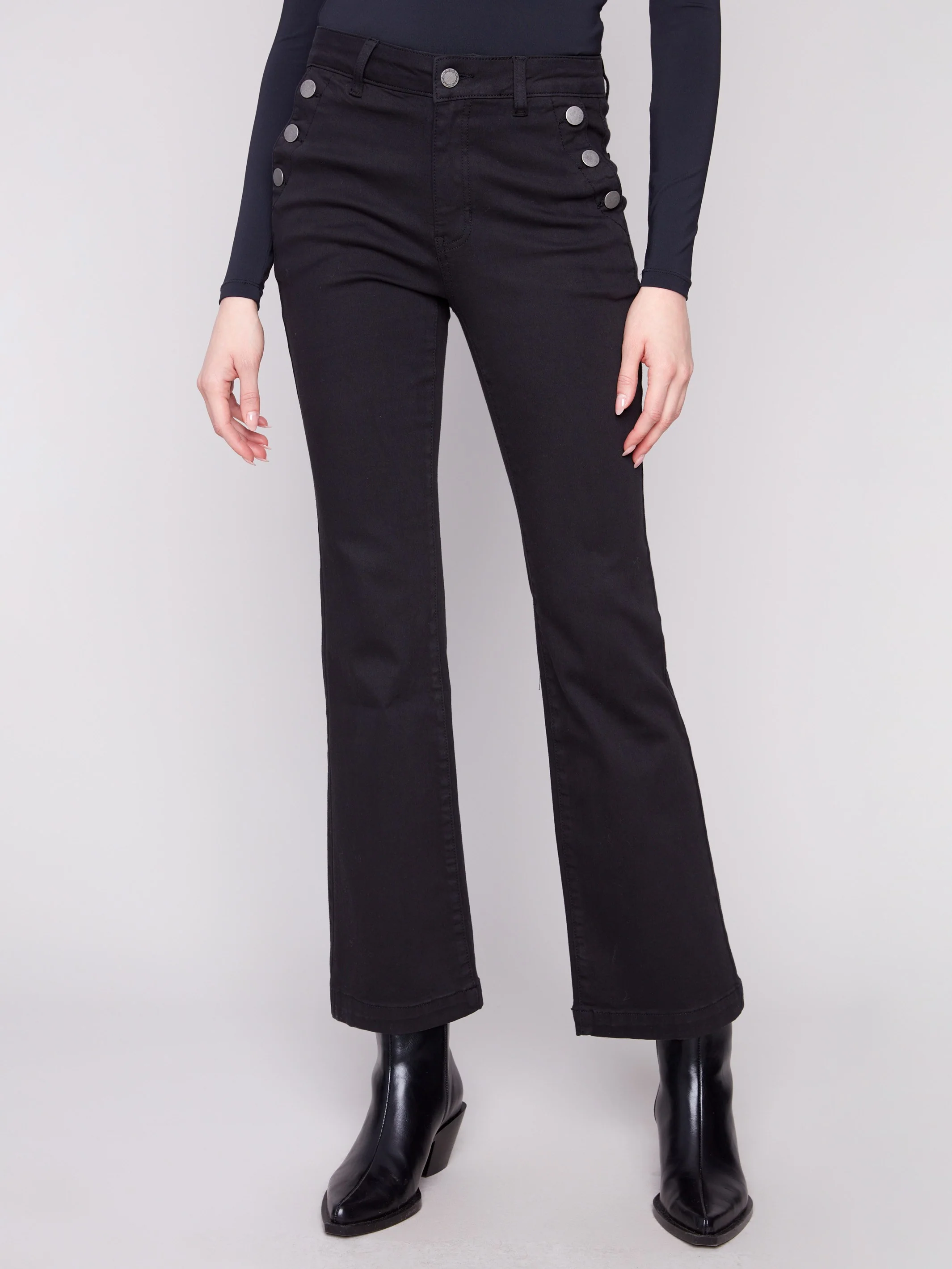 Flare Leg Stretch Twill Pants With Buttons - Black - WHSBYS