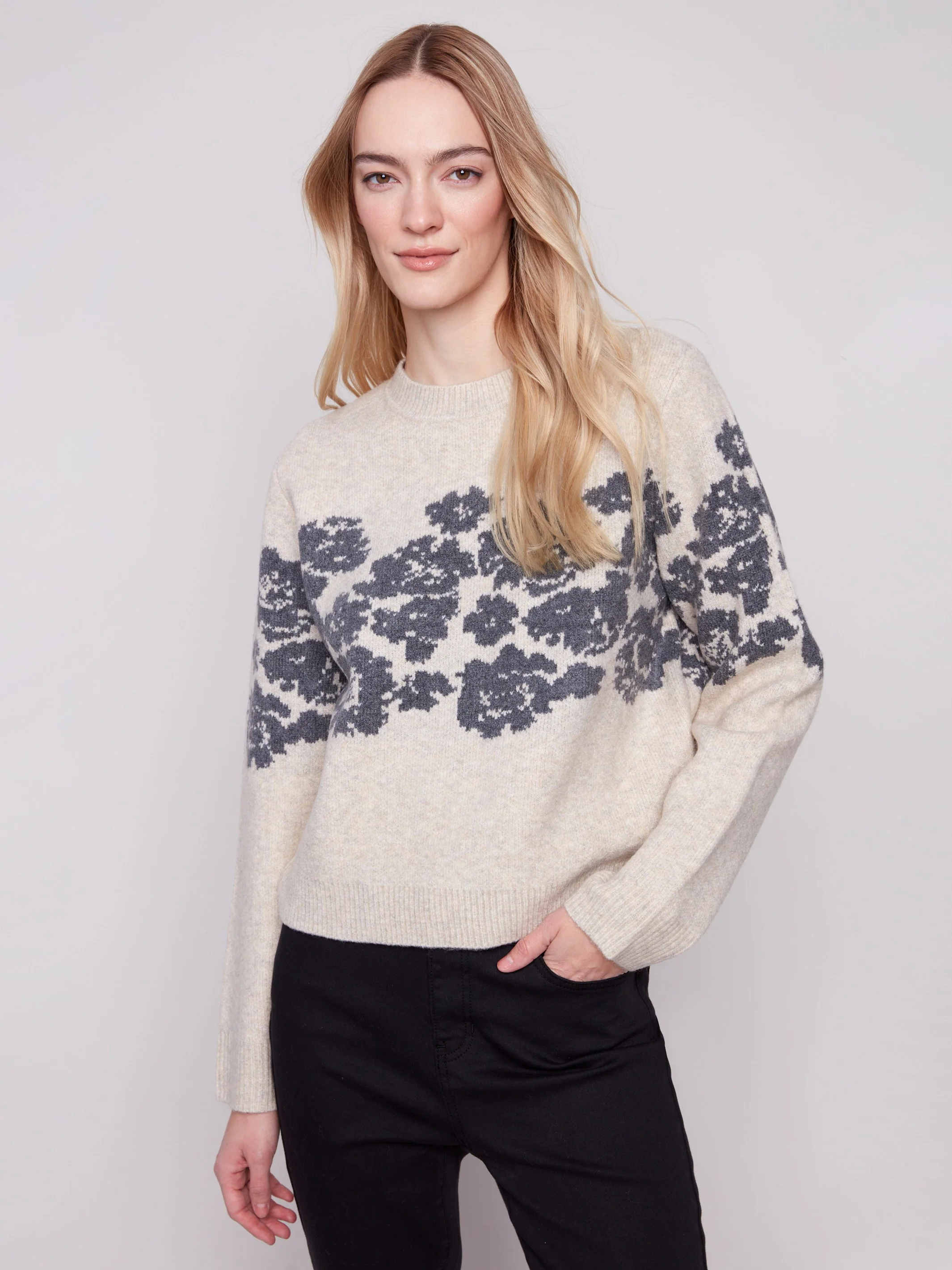 Flower Jacquard Crew Neck Sweater - Heather Vanilla - WHSBYS