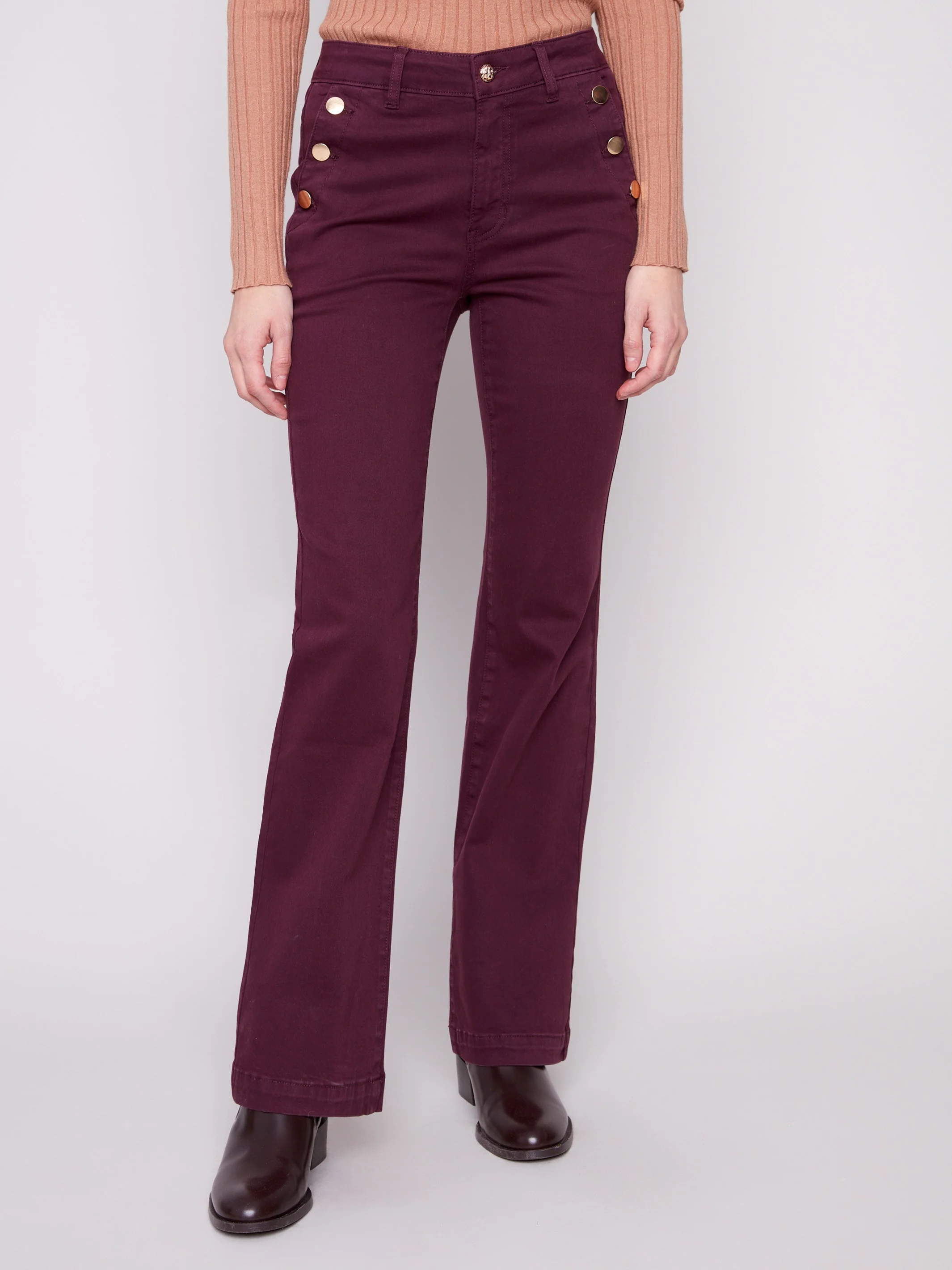 Flare Leg Stretch Twill Pants With Buttons - Berry - WHSBYS