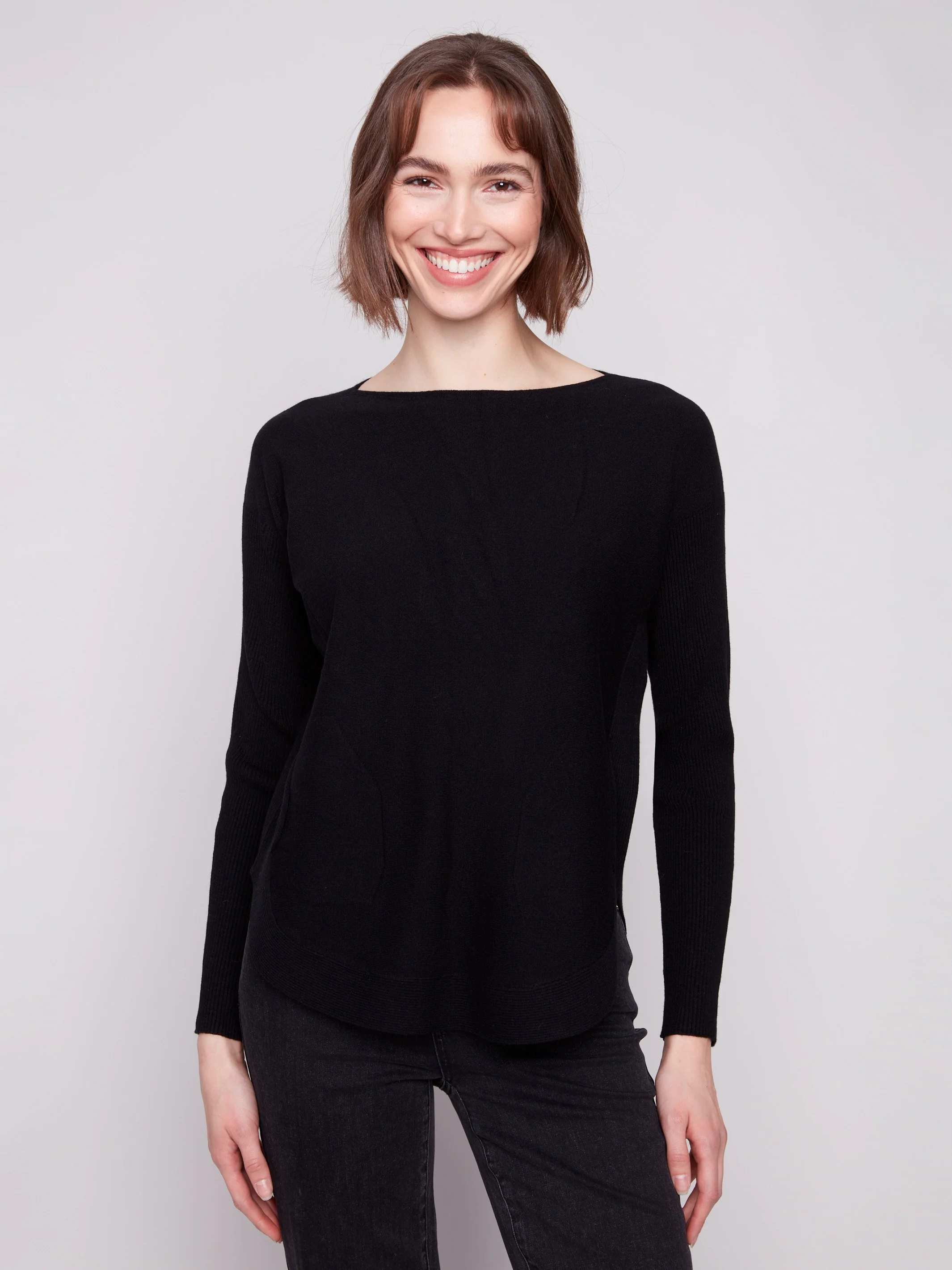 Knit Sweater With Back Lace-Up Detail - Black - WHSBYS