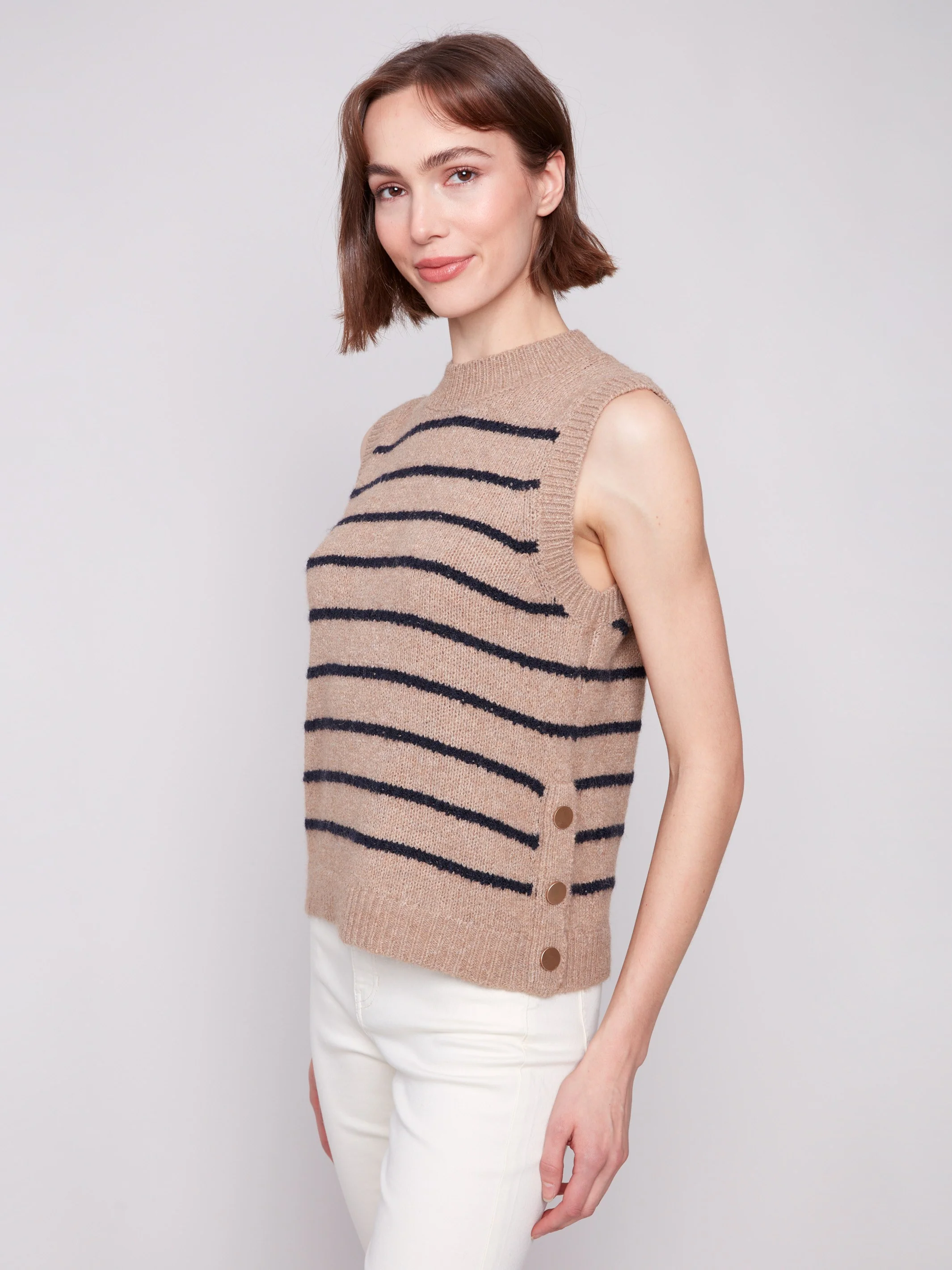 Striped Sleeveless Sweater Vest - Heather Camel - WHSBYS