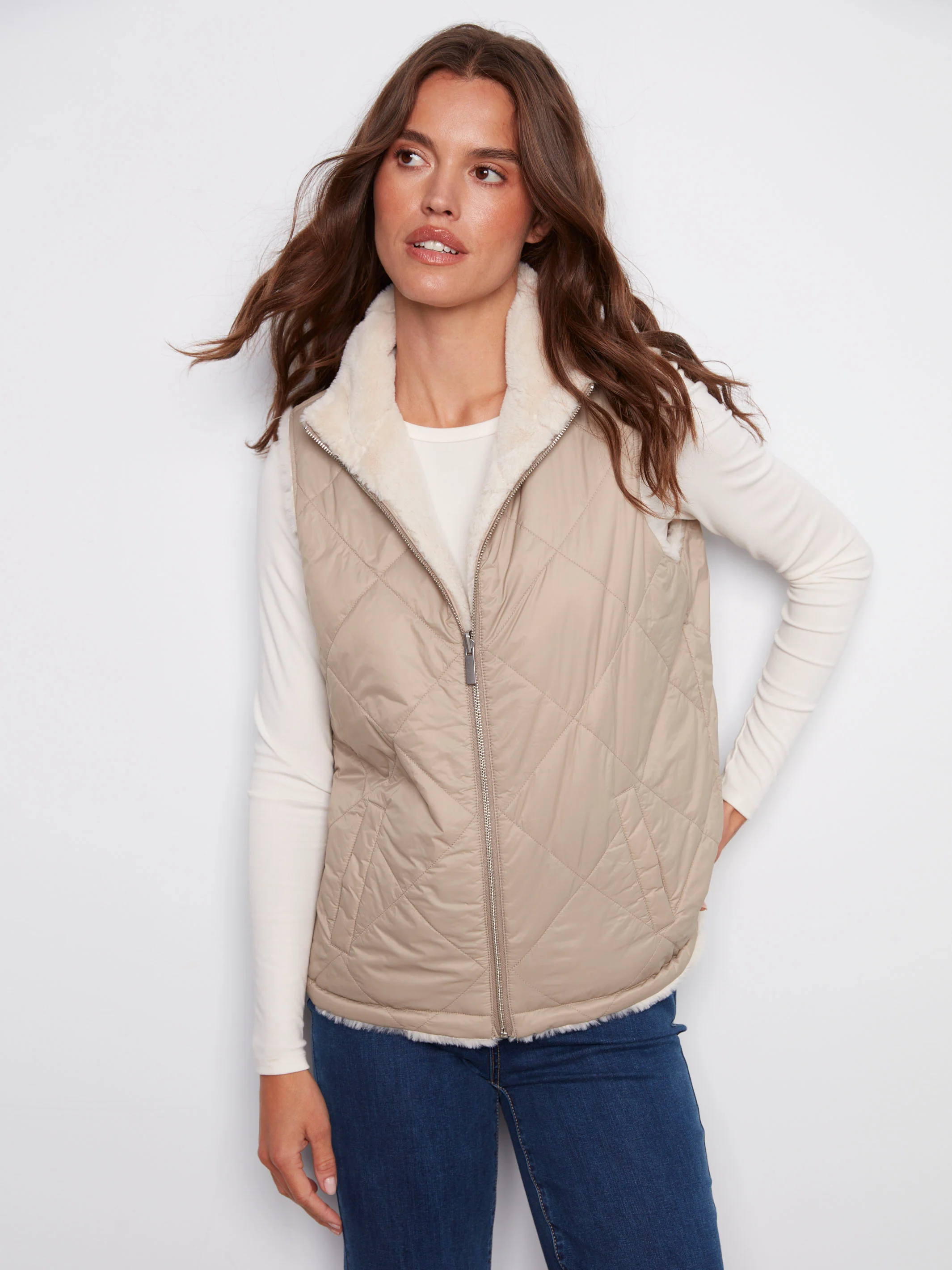 Reversible Quilted Faux Fur Vest - Greige - WHSBYS