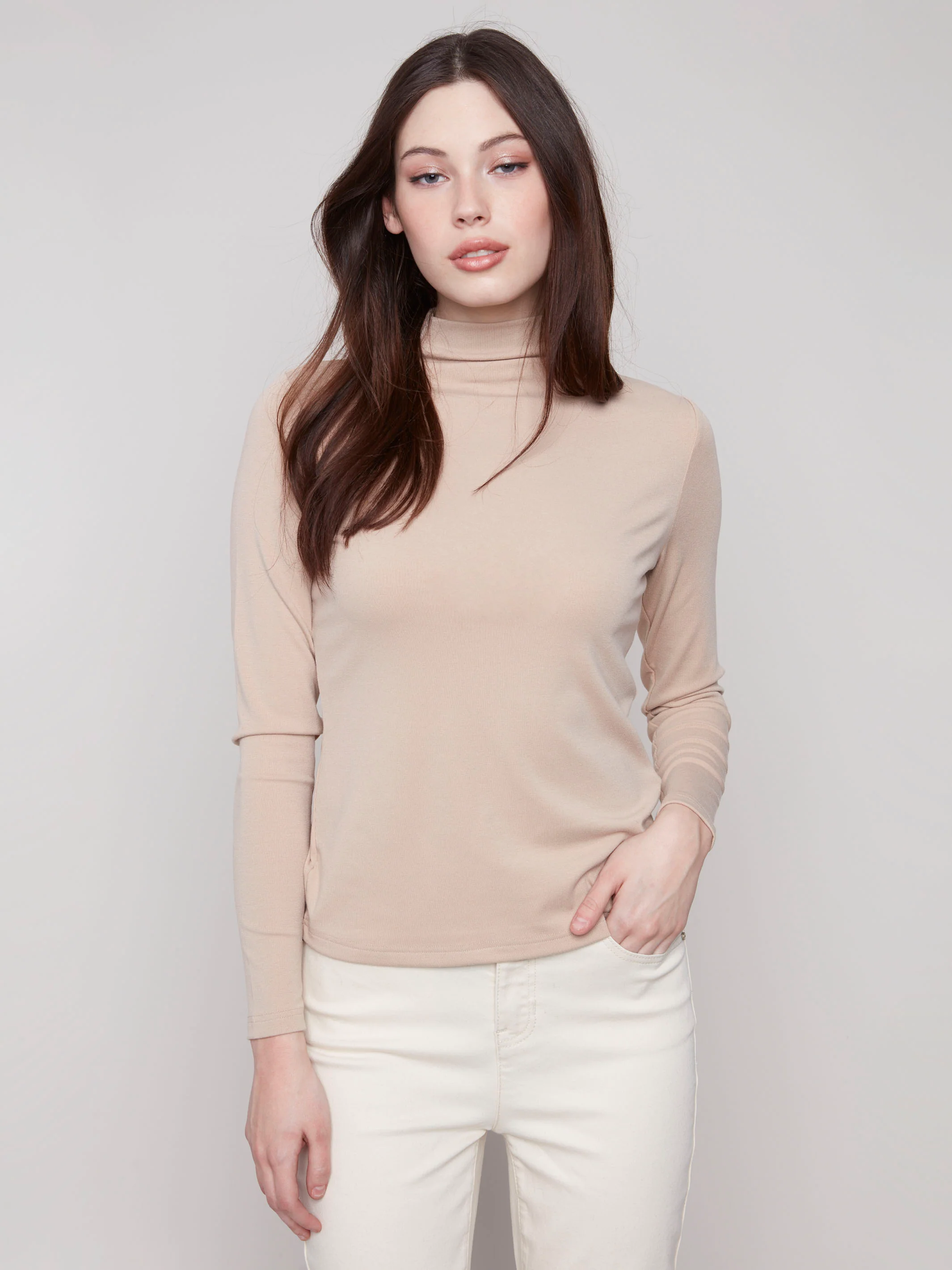 Long Sleeve Mock Neck Top - Sesame - WHSBYS