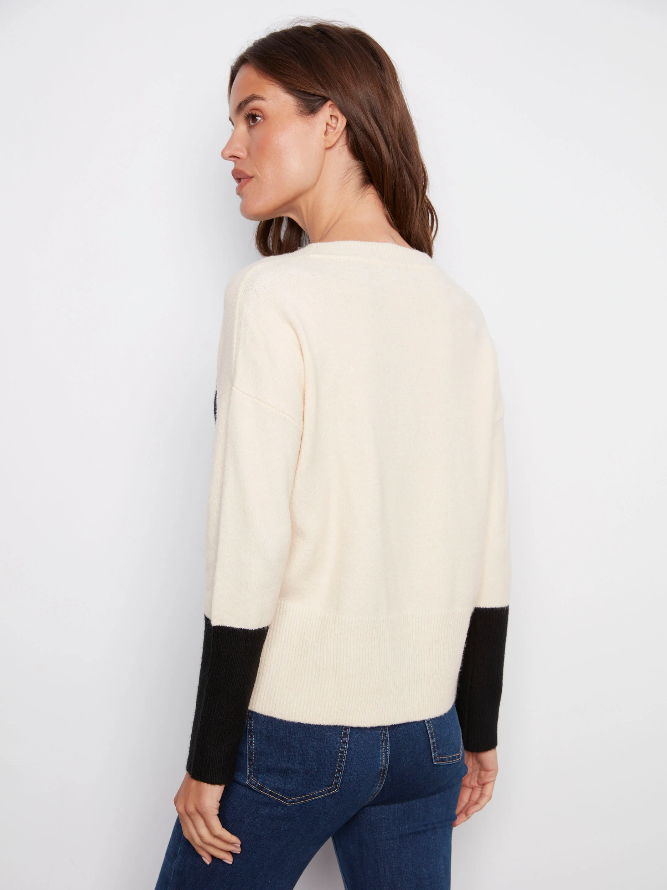 Crew Neck Sweater With Contrast Details - Ecru - WHSBYS