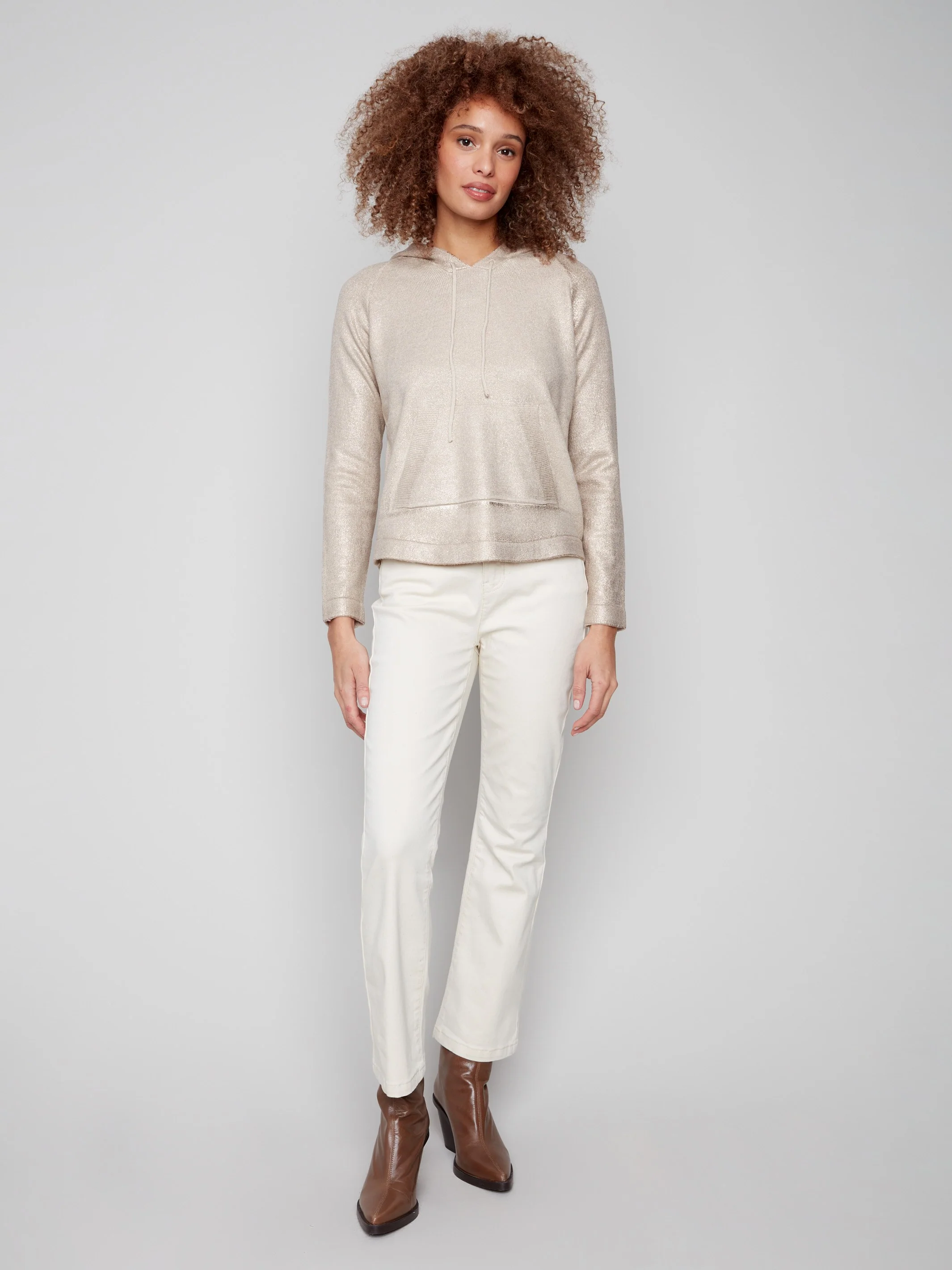 Metallic Knit Hoodie Sweater - Champagne - WHSBYS