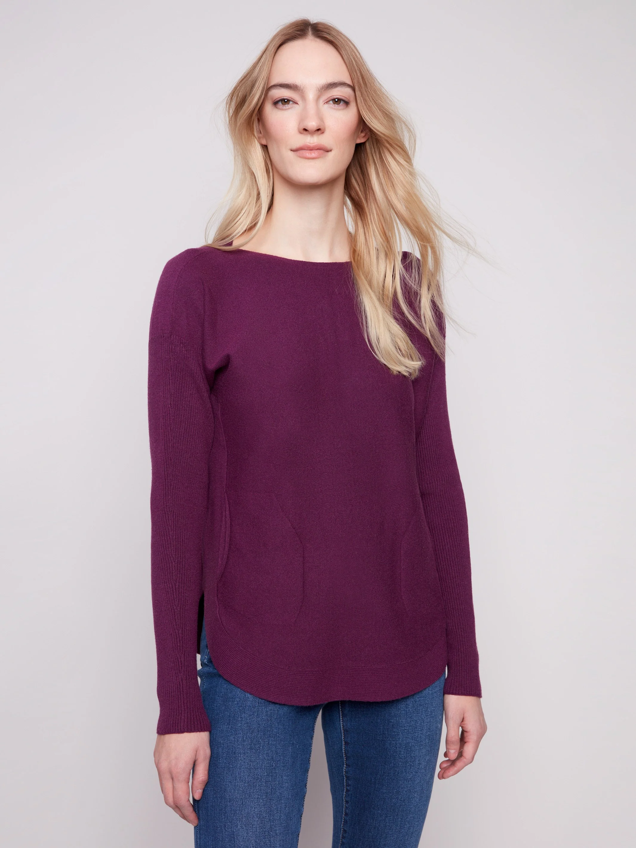 Knit Sweater With Back Lace-Up Detail - Berry - WHSBYS