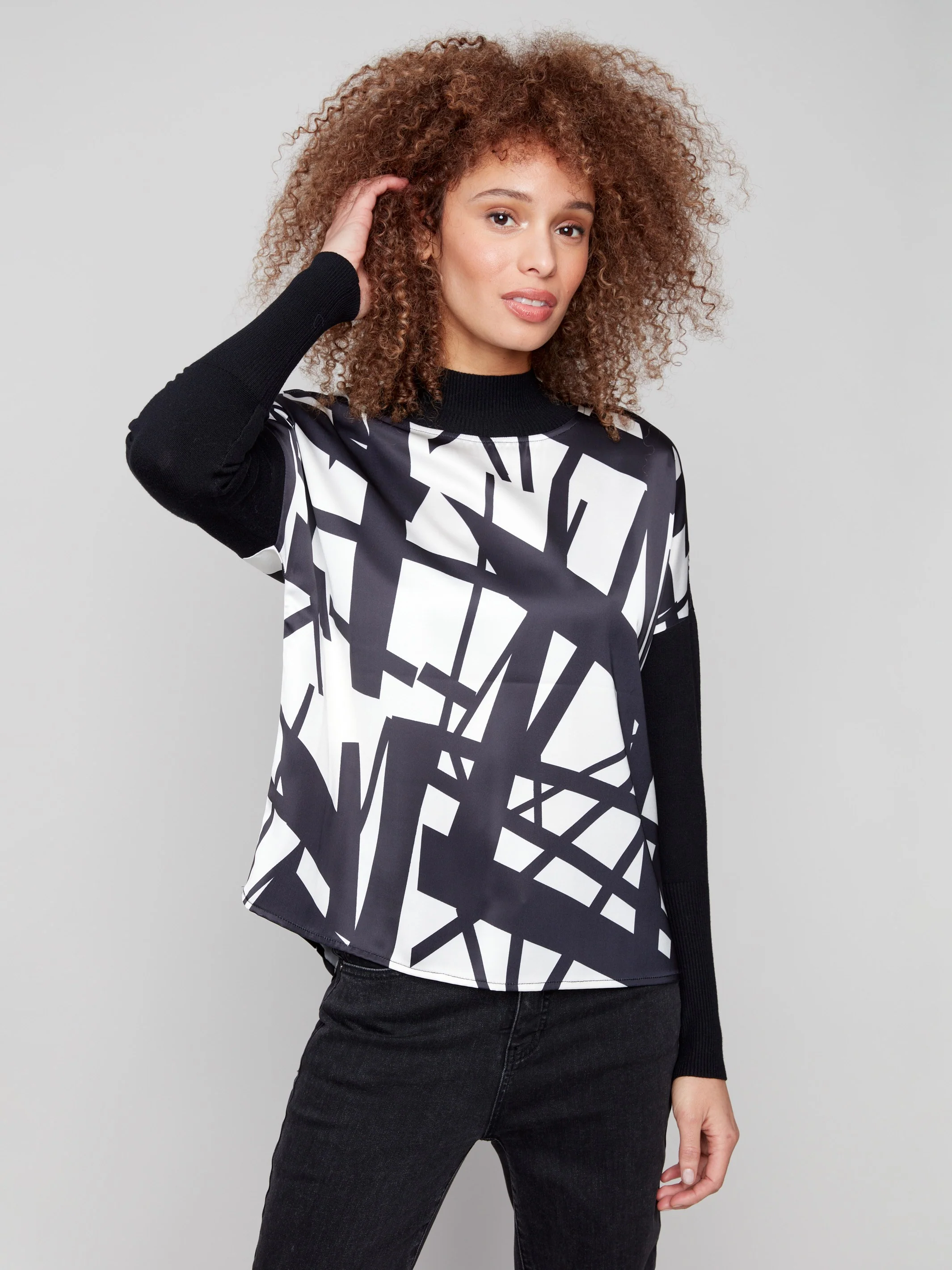 Printed Satin Knit Mock Neck Top - Black & Cream - WHSBYS