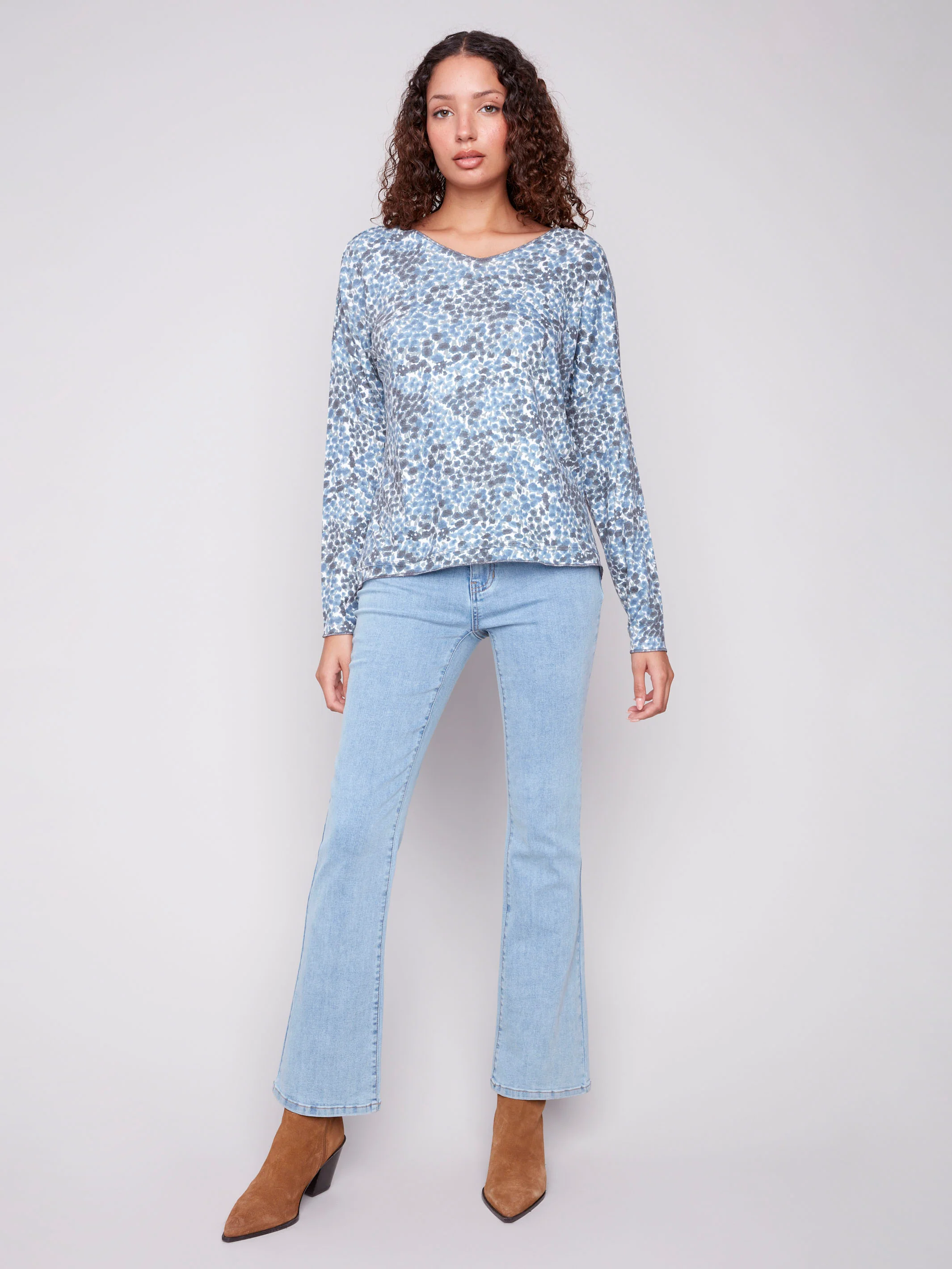 Printed V-Neck Knit Top - Ditsy - WHSBYS