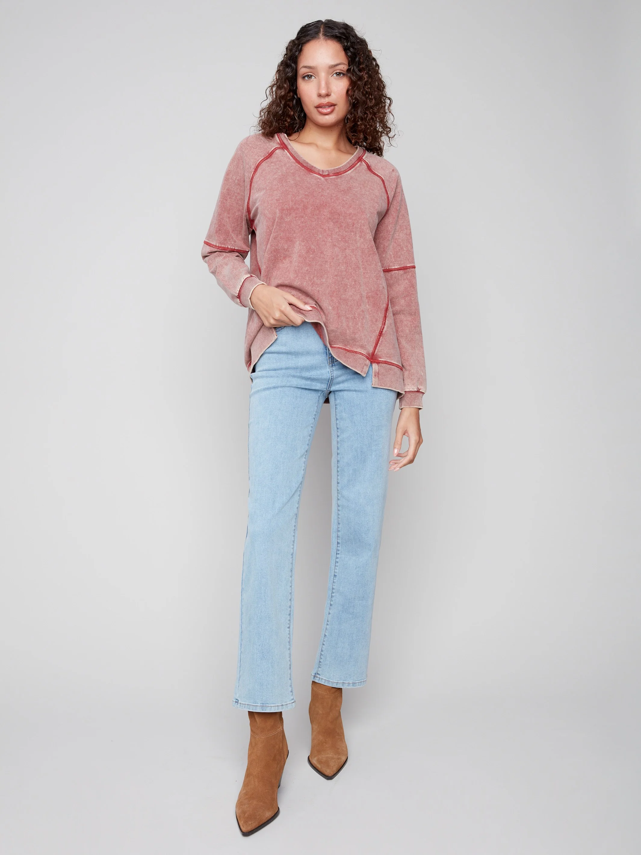 Cold Dye French Terry V-Neck Top - Cabernet - WHSBYS