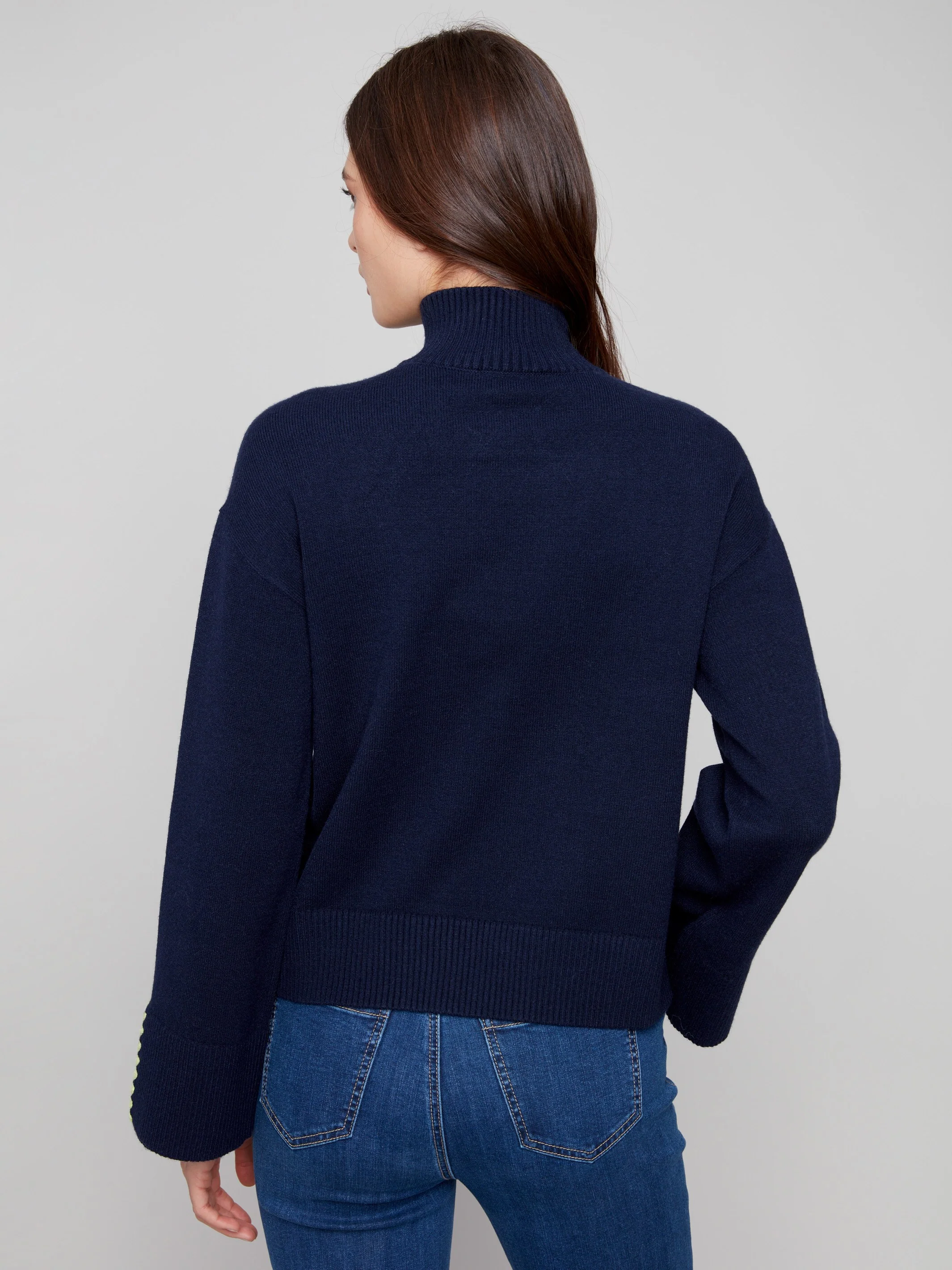 Mock Neck Sweater With Zipper & Crochet Details - Navy - WHSBYS