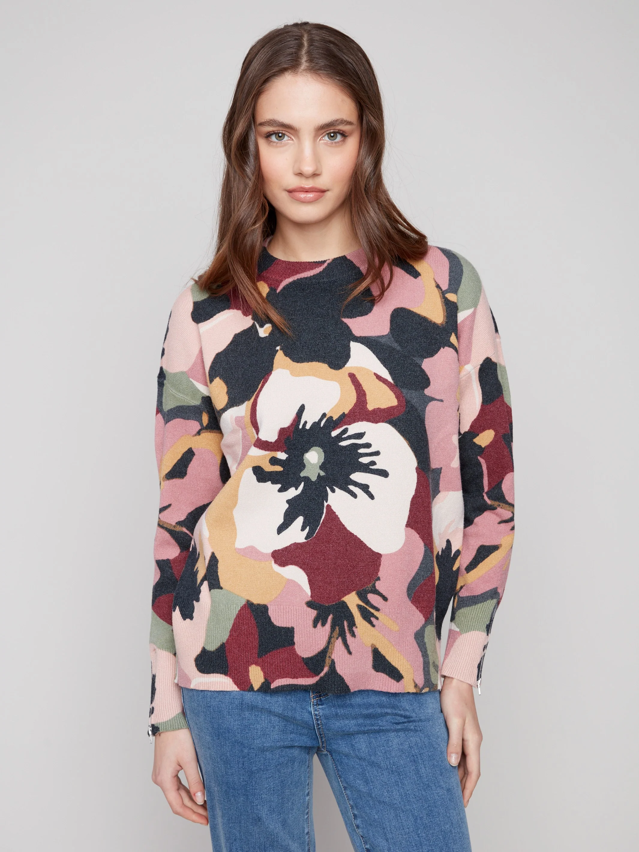 Printed Crew Neck Sweater With Sleeve Zippers - Flowery - WHSBYS
