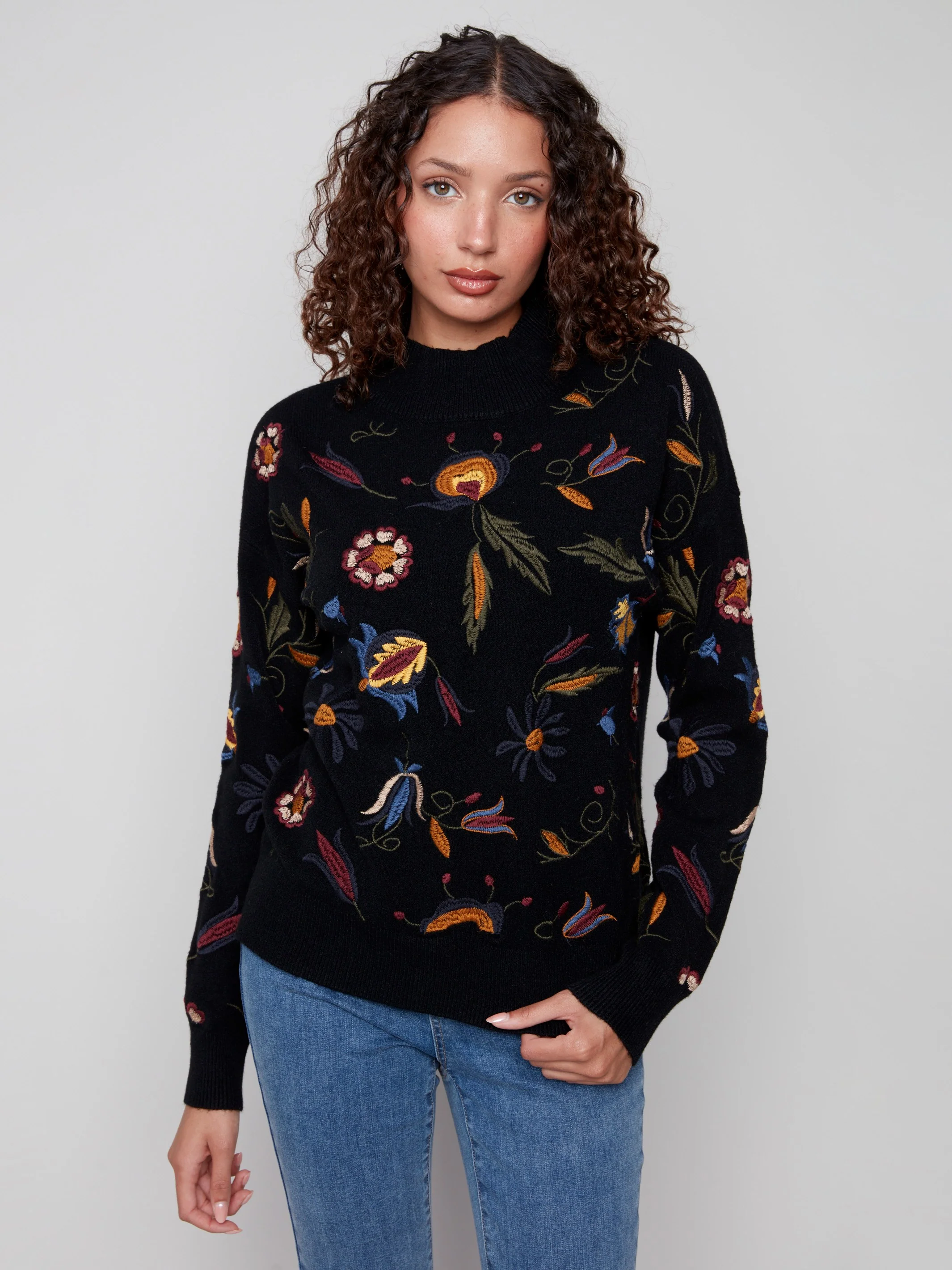 Embroidered Mock Neck Sweater - Black - WHSBYS