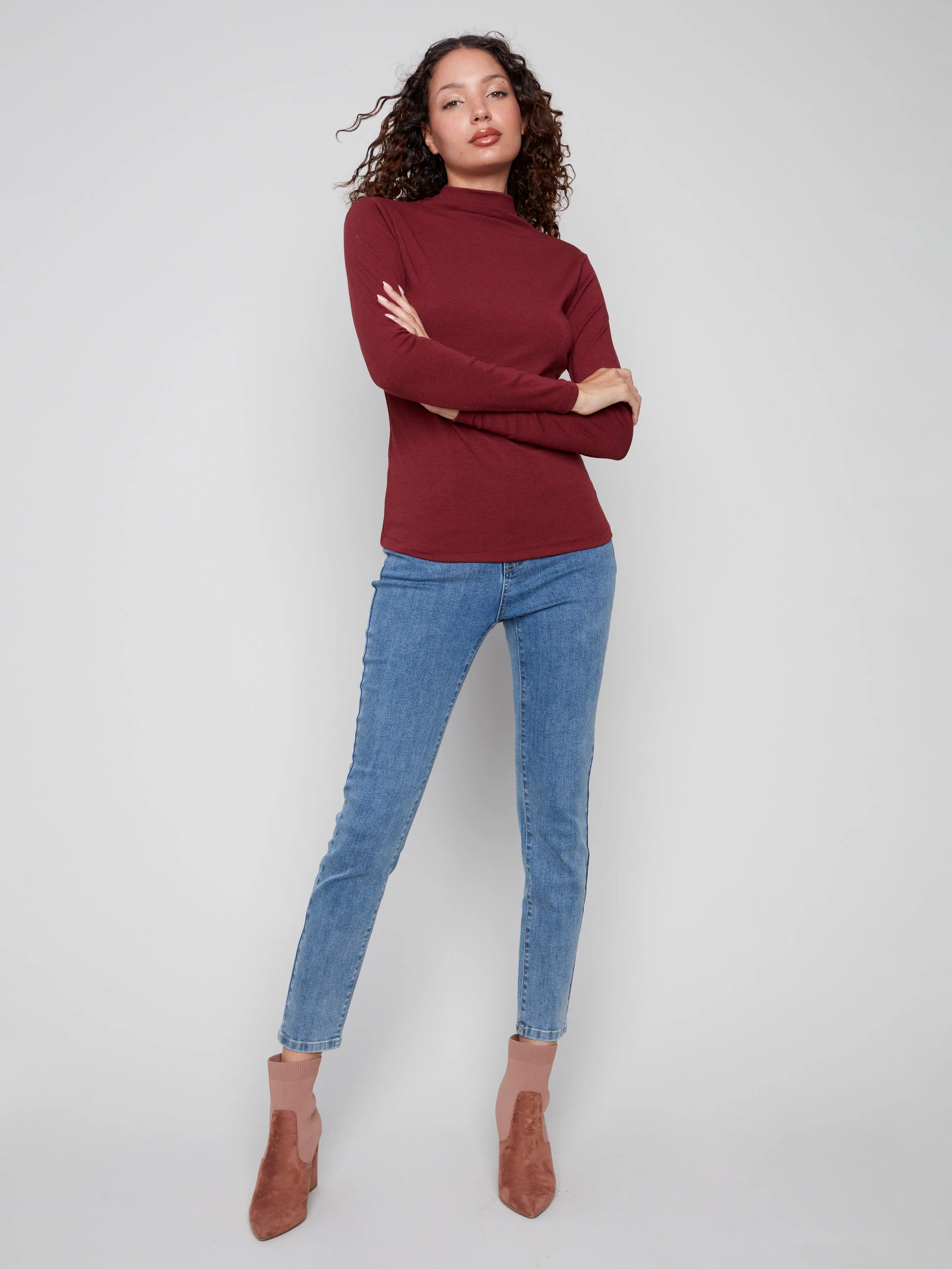 Long Sleeve Mock Neck Top - Cabernet - WHSBYS