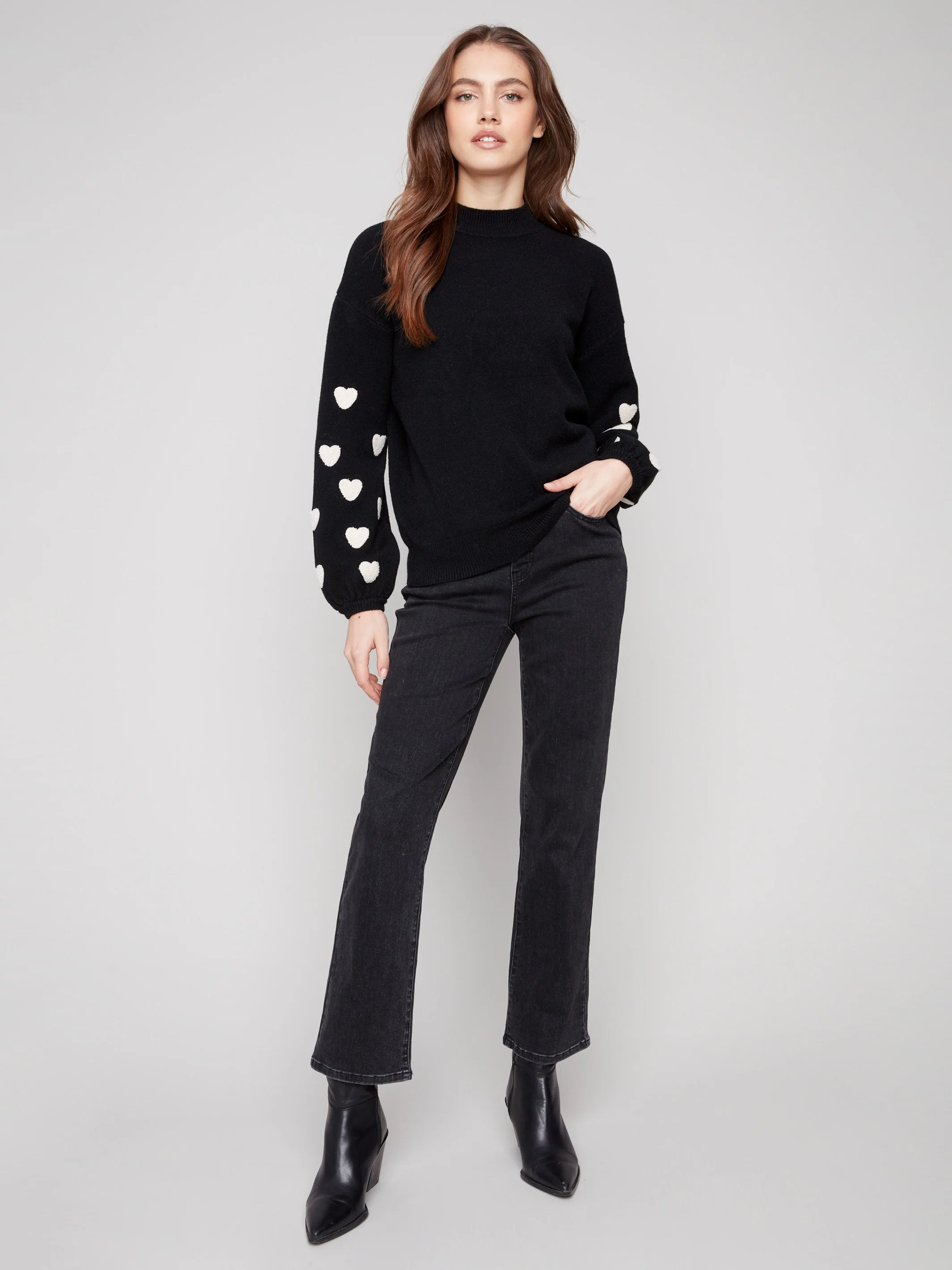 Mock Neck Sweater With Embroidered Hearts - Black - WHSBYS